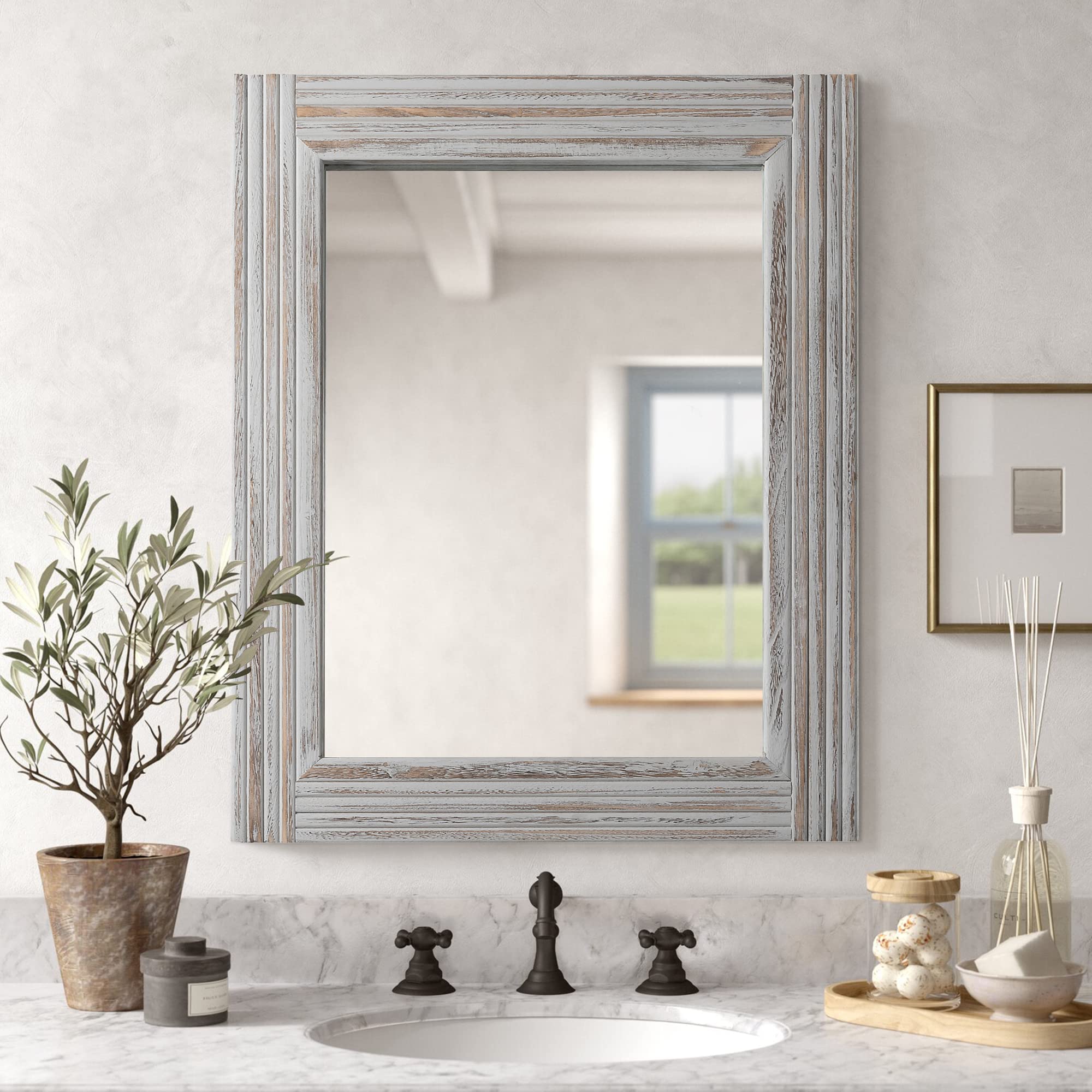 YOSOHT Handmade Wooden Spliced Wall Mirror - Rustic Farmhouse Vanity Mirror with Solid Wood Frame for Bathroom, Bedroom & Living Room Décor - Vertical or Horizontal Hanging Wall Art for Home & Office