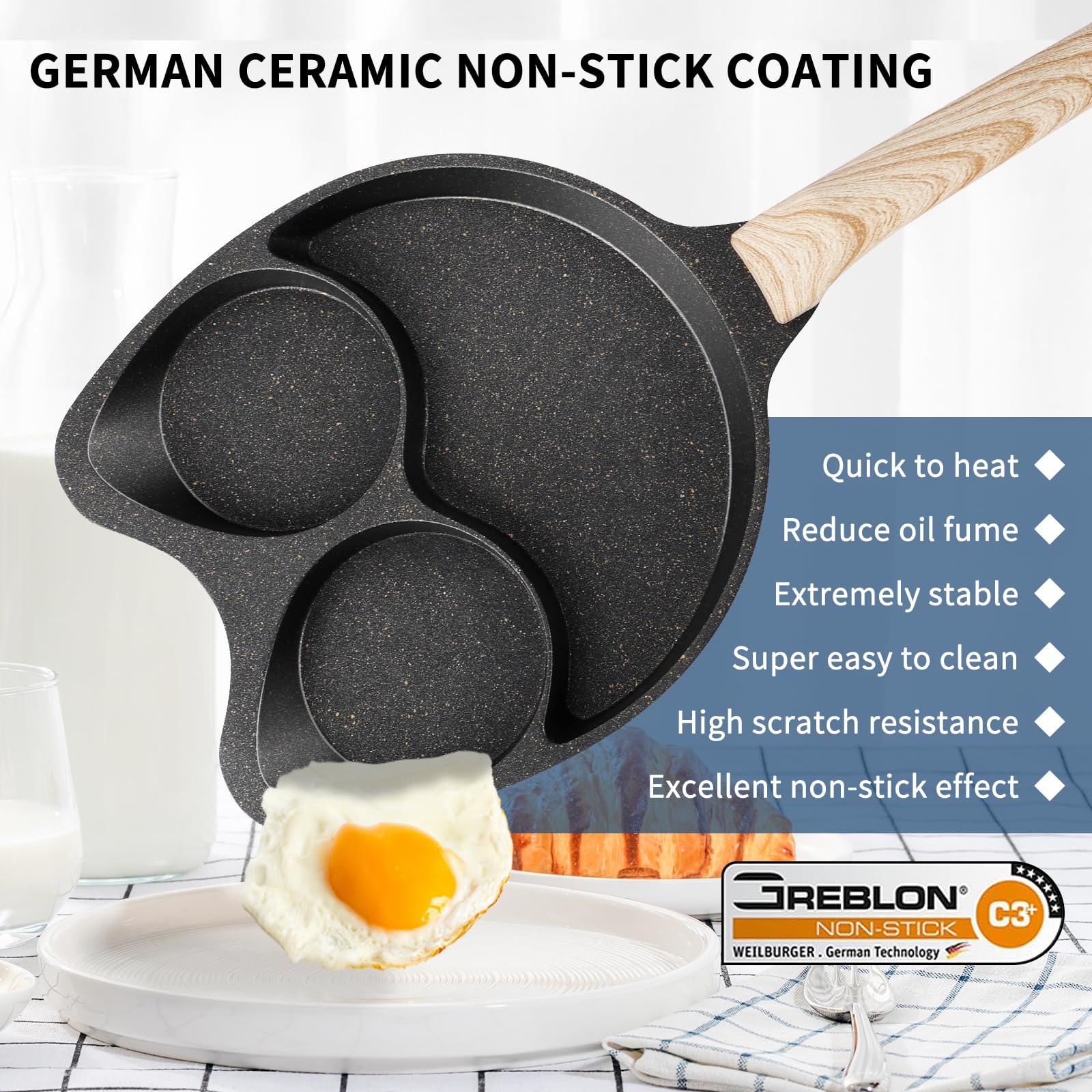 Non-Toxic German Ceramic Coating 3-Cup Egg Pan - Aluminum Nonstick Omelette Skillet, Small Frying Pan for Pancakes & Fried Eggs - Stovetop & Induction Compatible Cookware - Perfect for Breakfast, Camping & Small Kitchen Cooking