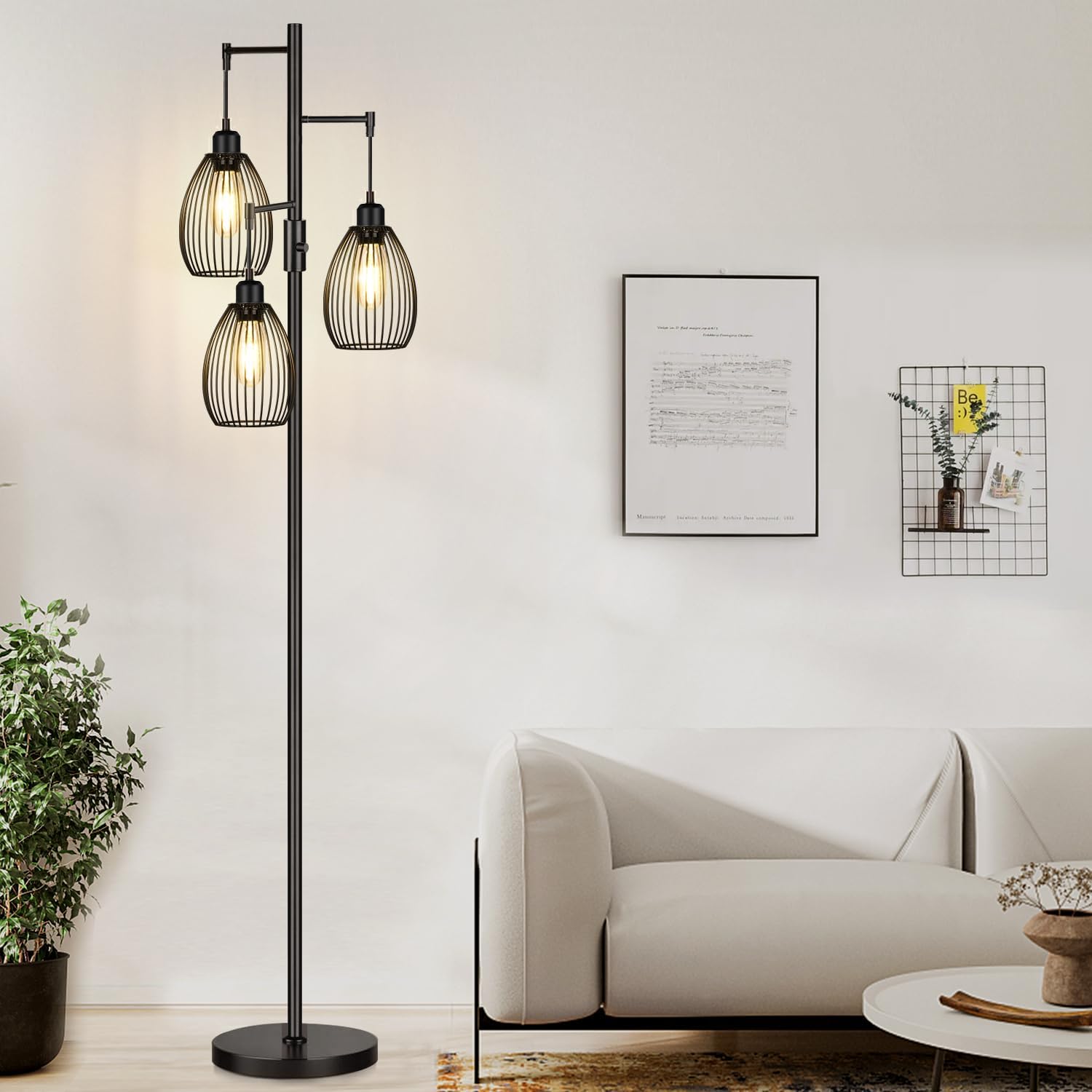Dimmable Floor Lamp with 3 x 800LM LED Edison Bulbs - Industrial Farmhouse Standing Tree Lamp with Teardrop Cage - Tall Lighting for Living Room, Bedroom, Office & Dining Room - Black | Perfect for Reading, Relaxing & Home Decor