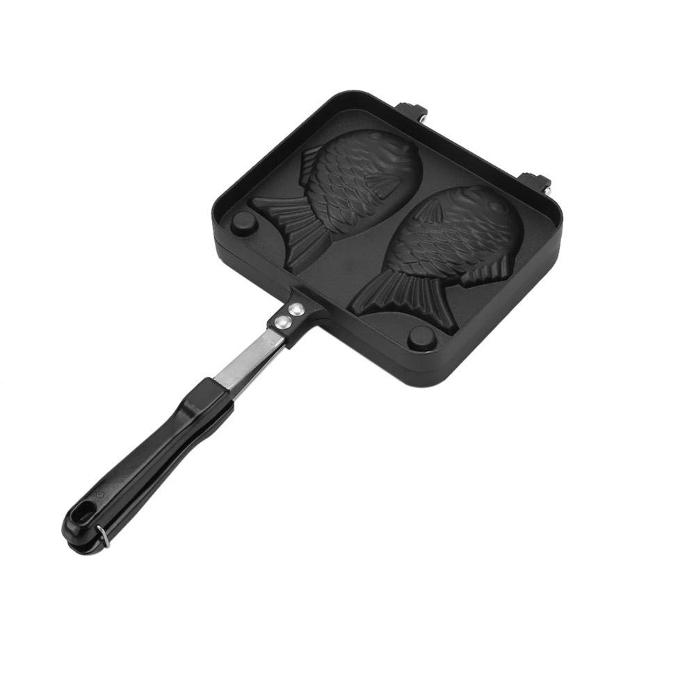 Non-Stick Aluminum Alloy Taiyaki Pan - Portable Fish-Shaped Waffle Maker with Dual-Sided Mold & Comfortable Handle for Home Baking, Breakfast, and Party Snacks - Black