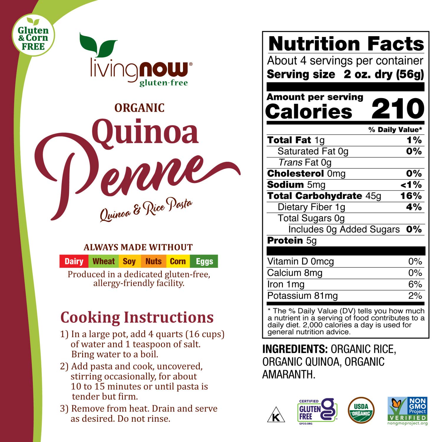 NOW Foods Organic Quinoa Penne Pasta - Gluten-Free, Corn-Free, Non-GMO Quinoa & Rice Pasta, 8 oz - Perfect for Vegan, Paleo & Healthy Italian Meals