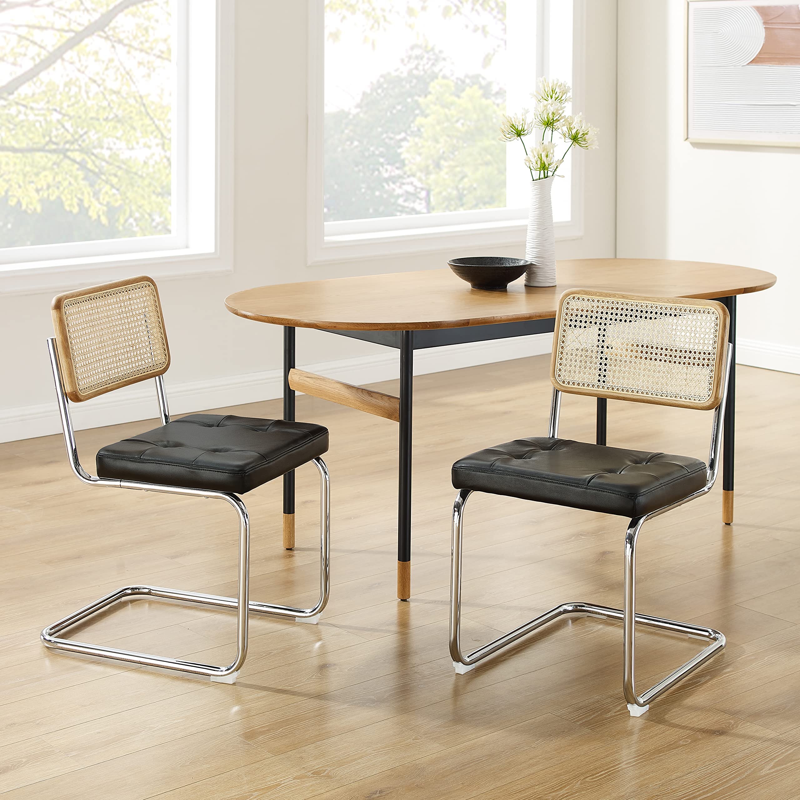 Art Leon Rattan Dining Chairs Set of 2 - Natural Oak Frame Mid Century Modern Style - Woven Backrest & Faux Leather Upholstered Cane Chairs with Chrome Metal Legs in Black - Perfect for Dining Room, Kitchen, Breakfast Nook or Patio Decor