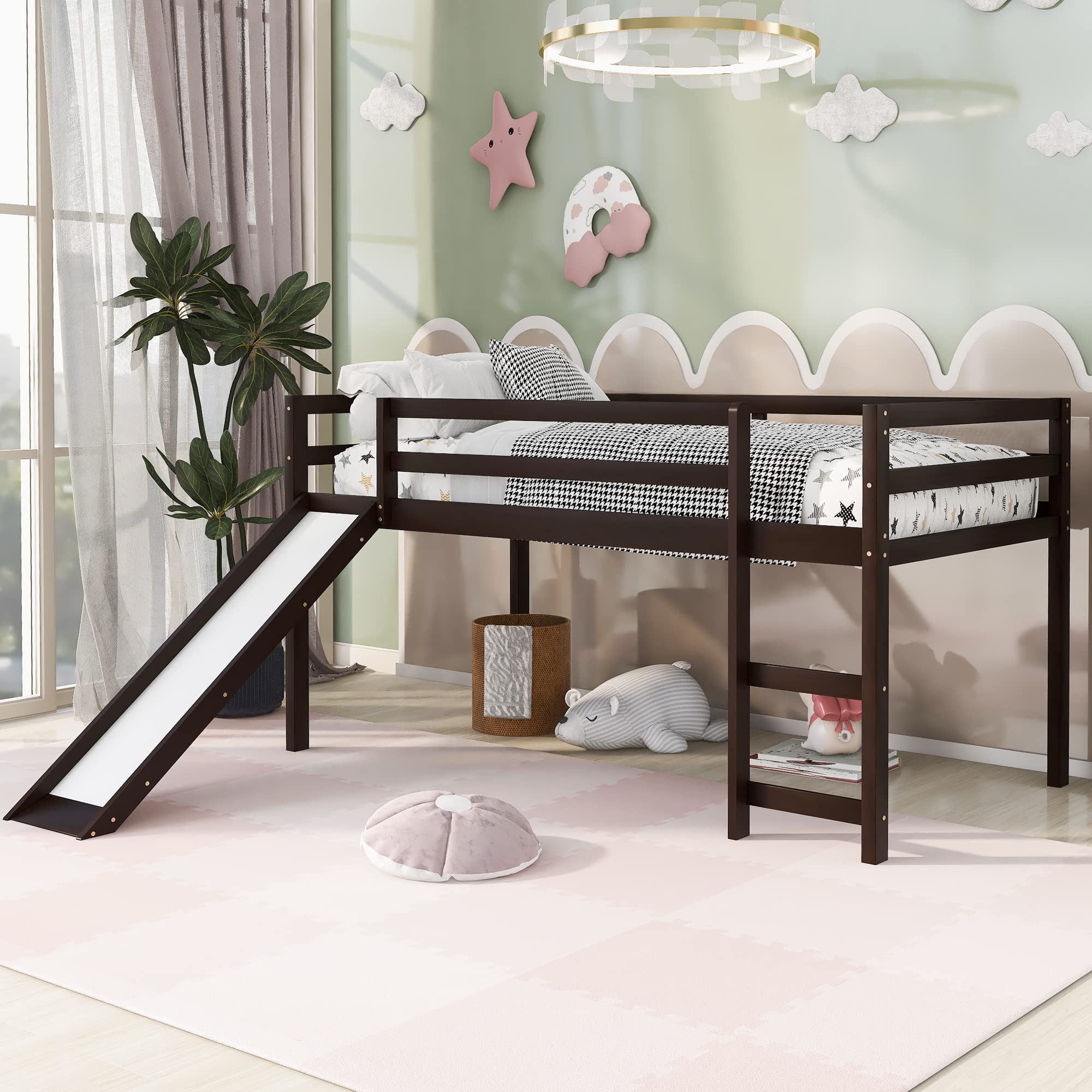 Merax LUMISOL Junior Low Loft Twin Bed Frame - Wooden Kids Bedroom Furniture for Boys & Girls with Safety Guard Rail & Ladder (Includes Slide, Espresso Finish) - Perfect for Small Spaces & Playful Bedrooms