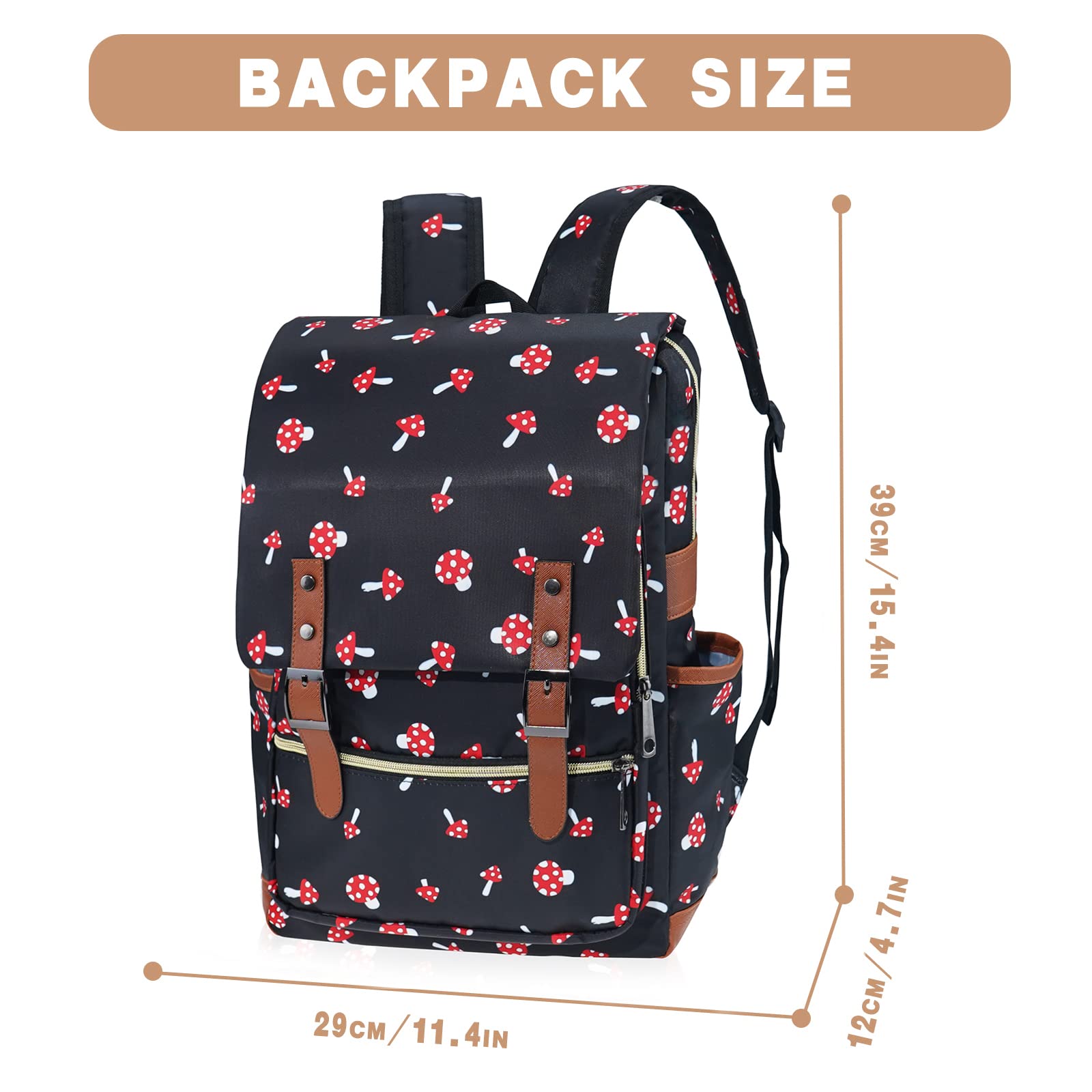 MCWTH Stylish Mushroom Print Backpack for Girls & Women - 15.6 Inch Laptop School Backpack, College Bookbag for Travel, Work & Daily Use | Perfect for School, Office & Commuting