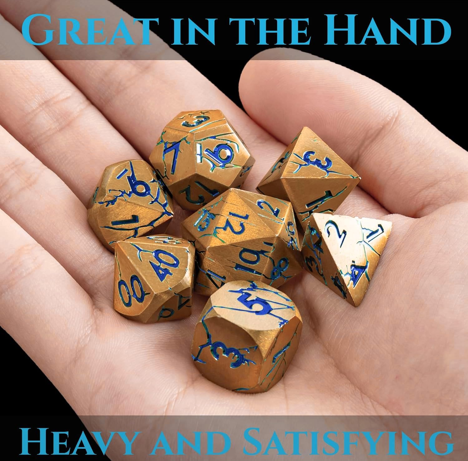 Premium DND Metal Dice Set - Pharaoh Ruins Gold with Blue Cracks - 7-Piece Polyhedral Dice for Dungeons & Dragons, RPG Tabletop Games - Perfect for D&D Campaigns, Gift Giving & Collector's Display