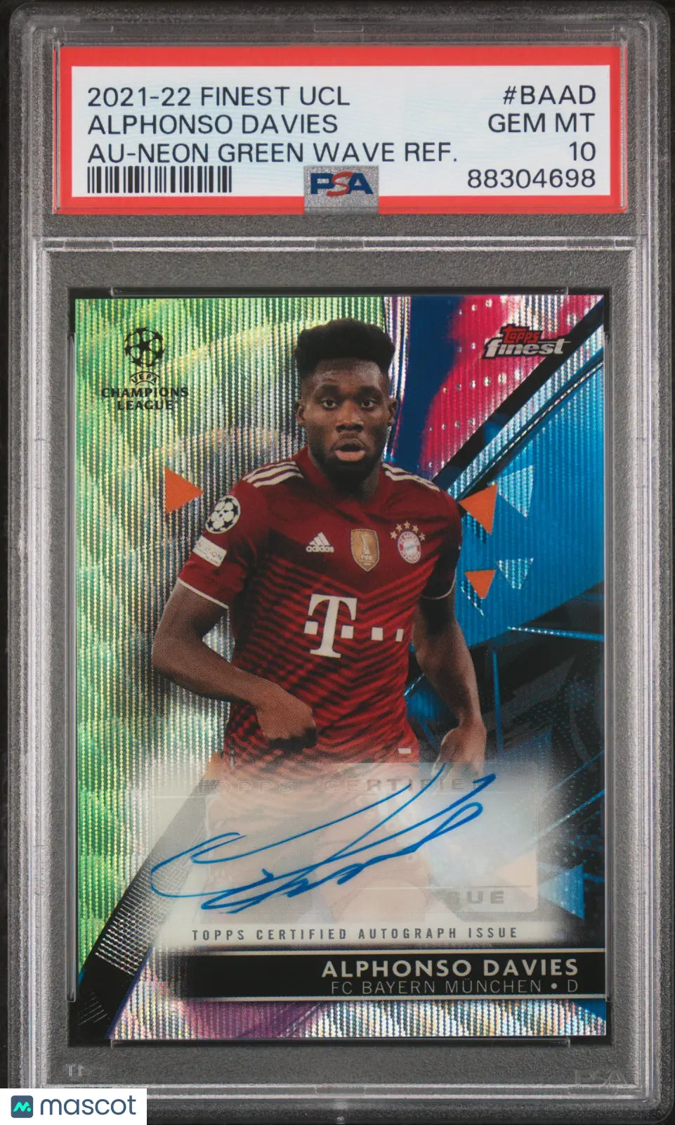 2021-2022 Topps Finest UCL Alphonso Davies PSA 10 Neon Green Wave Refractor Auto - Rare Soccer Trading Card for Collectors & Sports Memorabilia Fans (Perfect for Display, Investment & Gifts)