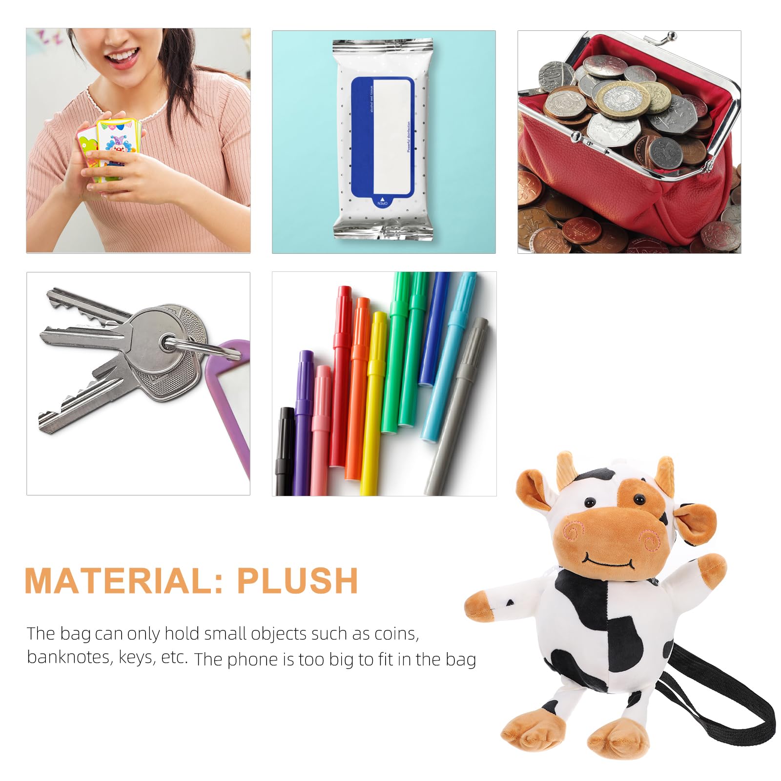 VALICLUD Cute Cow Plush Crossbody Bag for Women & Girls - Soft Stuffed Animal Coin Purse with Adjustable Strap - Perfect for School, Travel & Casual Outings