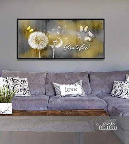 Grateful Dandelions Wall Art with Butterfly Decor - Rustic Bedroom Pictures for Wall in Yellow & Black Floating Frame (60x27) - Perfect for Bohemian Home Decor, Living Room Accent & Farmhouse Style Interiors