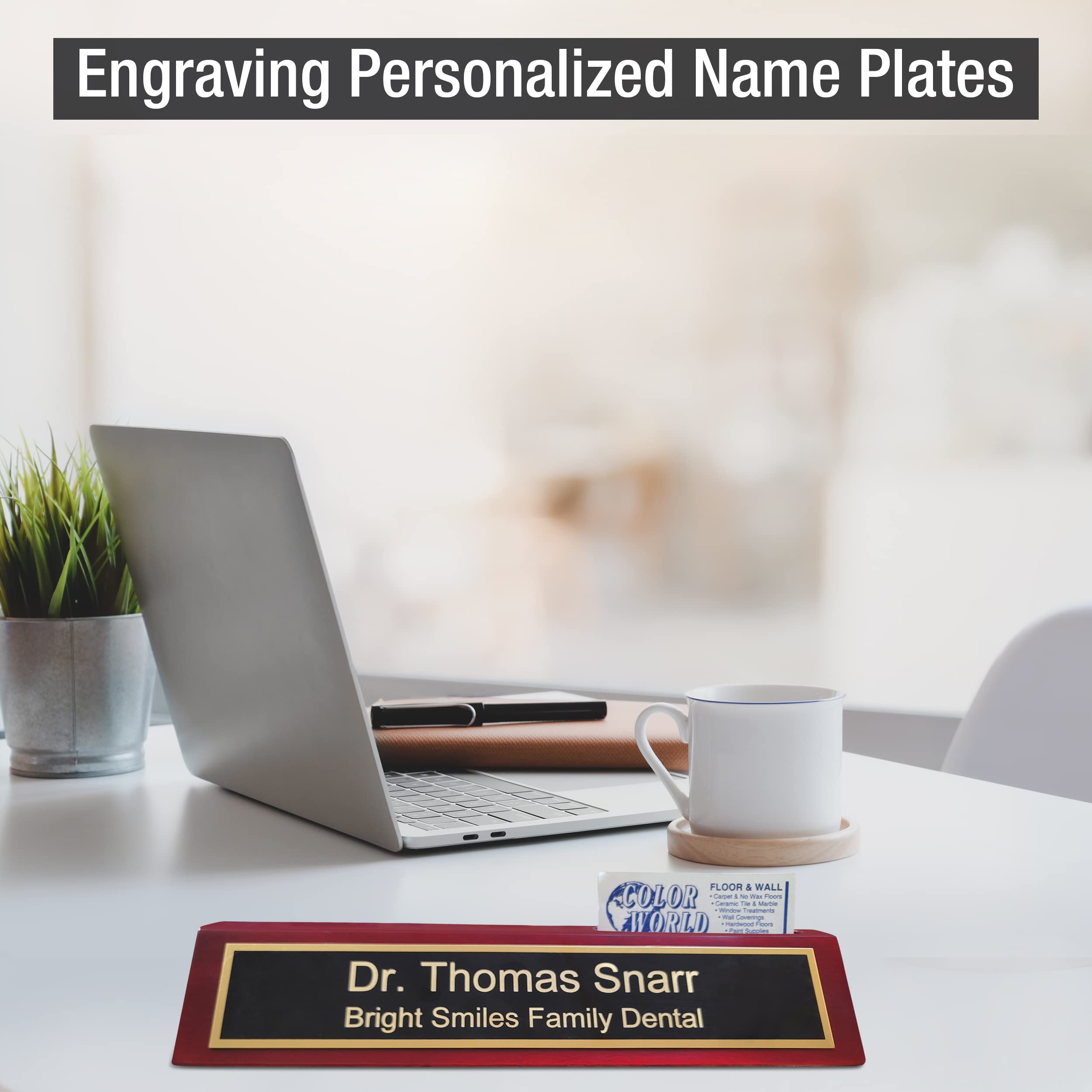 Custom Laser Engraved Wooden Business Name Plate with Card Holder - Personalized Office Desk Sign (2x12) - Perfect for Executive Desks, Reception Areas & Corporate Gifts