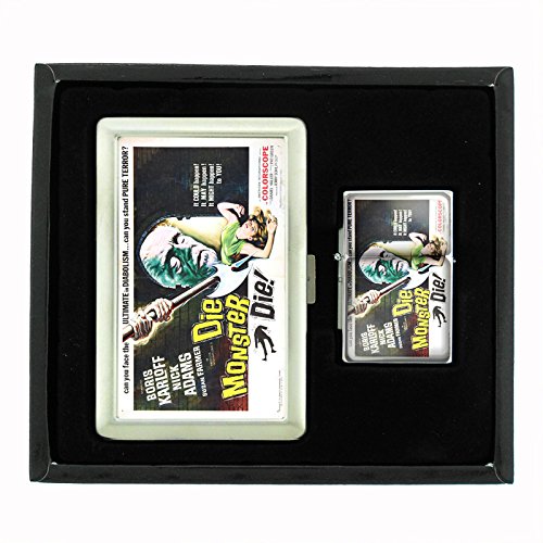 Vintage Monsters Design Cigarette Case & Oil Lighter Gift Set - Perfect for James Bond 007 Fans, Smoking Accessories, and Collector's Items