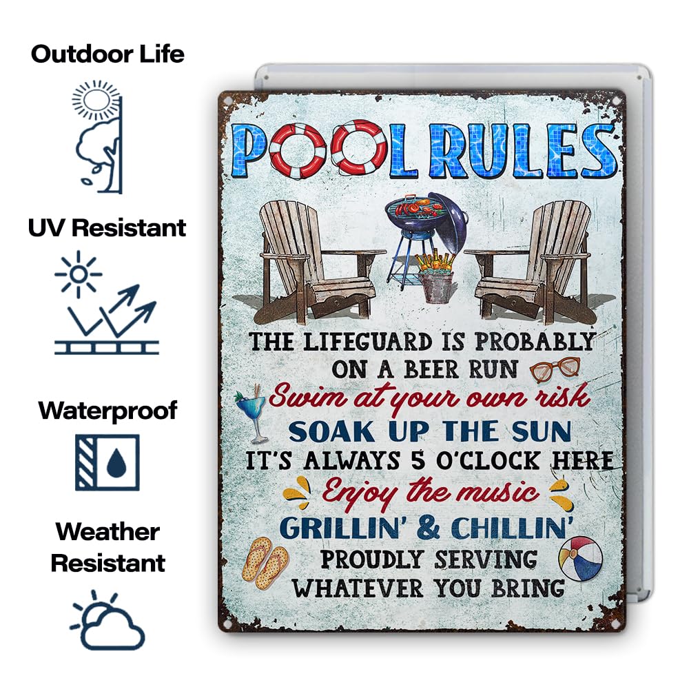 Wander Prints Family Gifts - Classic Metal Pool Rules Sign for Backyard, Patio & Garden Decor | Durable Tin Sign for Swimming Pool, BBQ Grill Area & Outdoor Spaces | Perfect Housewarming Gift for Pool Owners