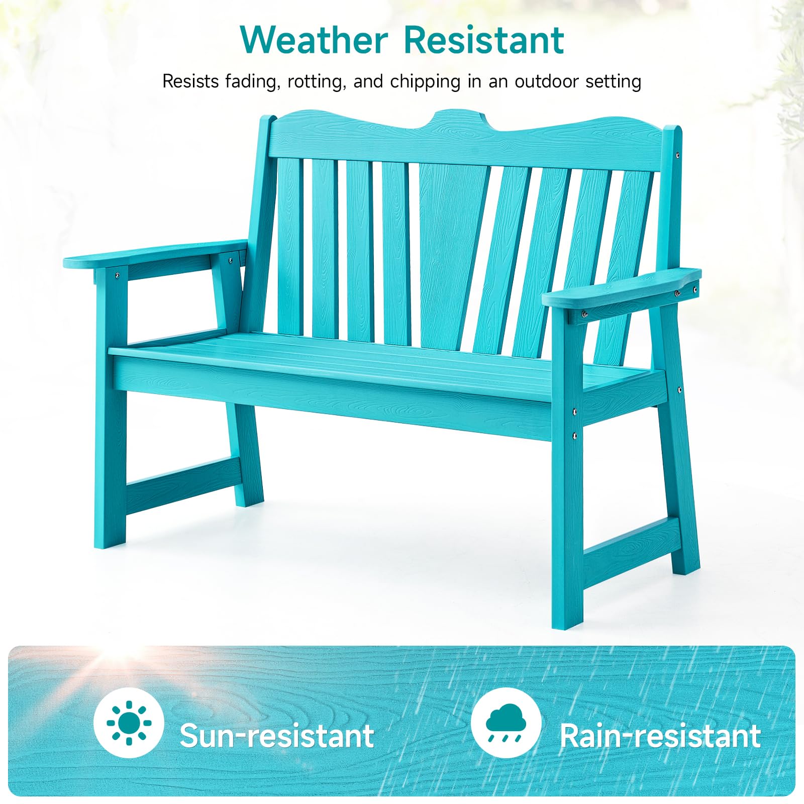 **2-Person Weatherproof Outdoor Bench - All-Weather Garden & Patio Furniture with Wide Armrests & Backrest - Rot & Fade Resistant for Porch, Backyard, Park - Easy Assembly in Blue - Perfect for Relaxing in Gardens, Decks & Outdoor Spaces**