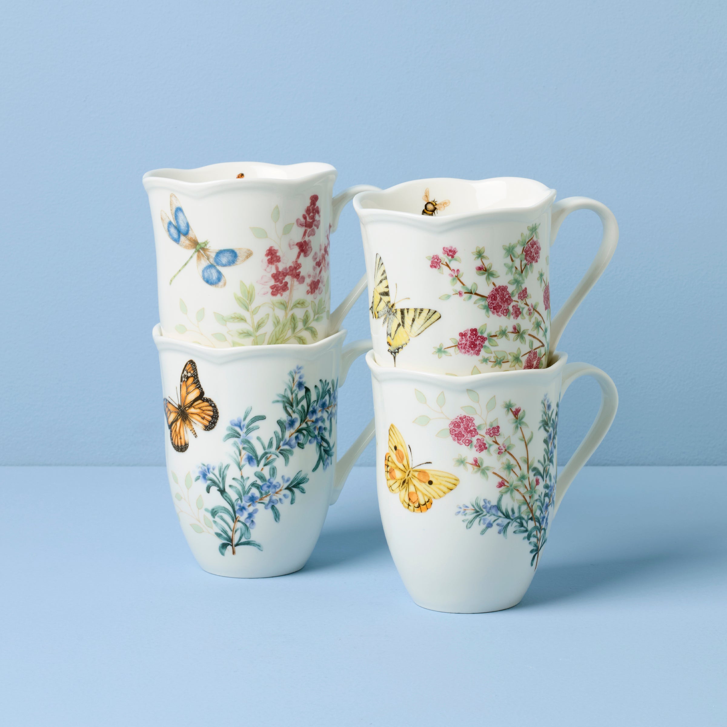 Butterfly Meadow Herbs Coffee Mugs Set of 4 - Ceramic Tea Cups with Floral Design for Home, Office, or Gift Giving