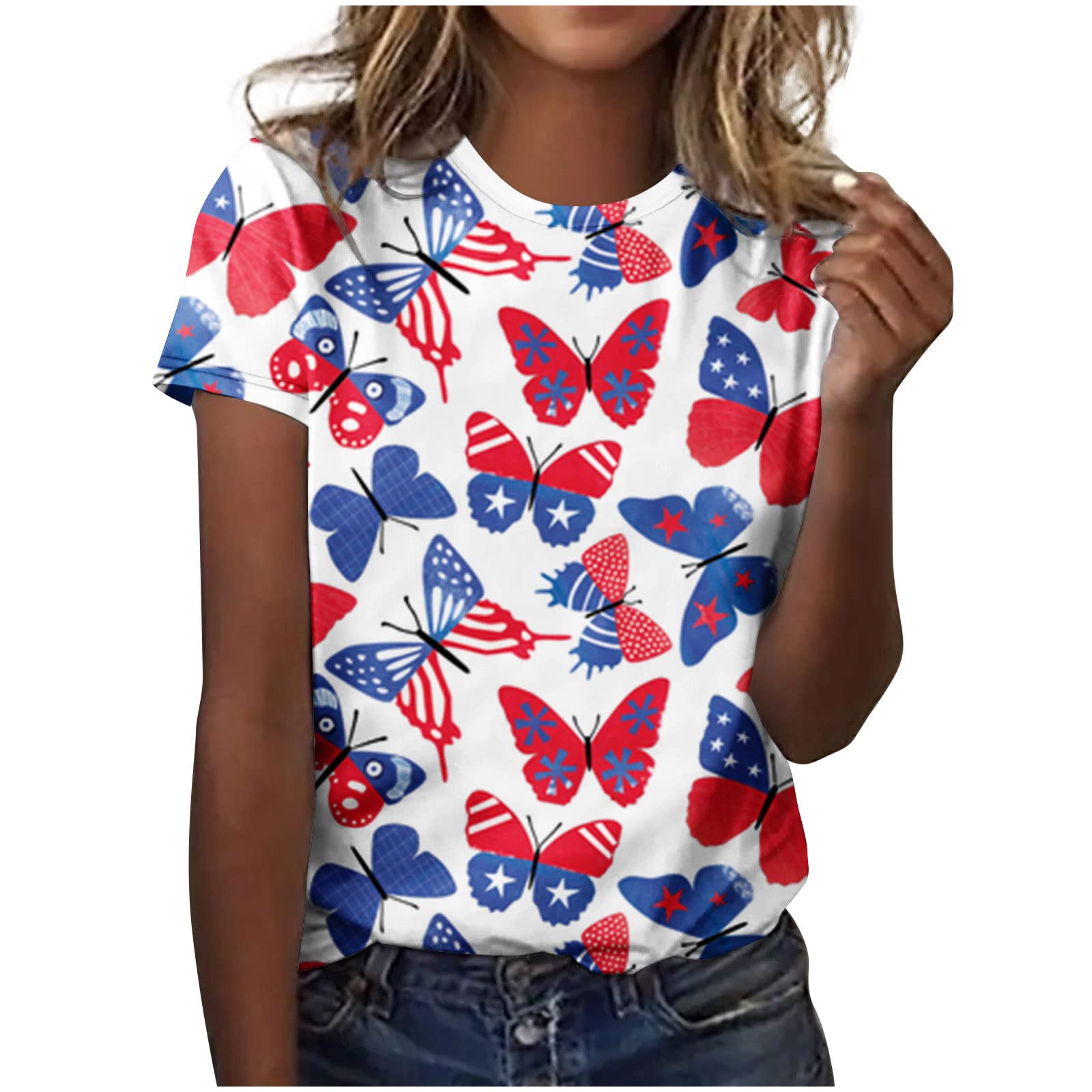 Women's Summer Tops - 4th of July Patriotic Round Neck Loose Fit Short Sleeve Casual T-Shirt & Tunic - Perfect for BBQ, Beach Outings & Independence Day Celebrations