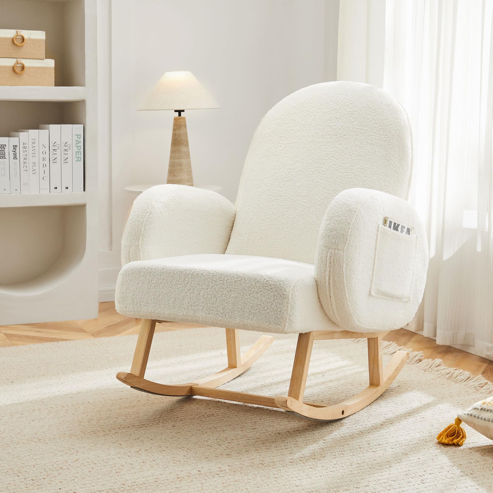 Comfortable Upholstered Rocking Chair with Side Pocket - Solid Rubber Wood Legs - Nursery Glider & Accent Chair for Living Room, Bedroom, Nursery - Perfect for Breastfeeding, Reading Nook & Relaxation