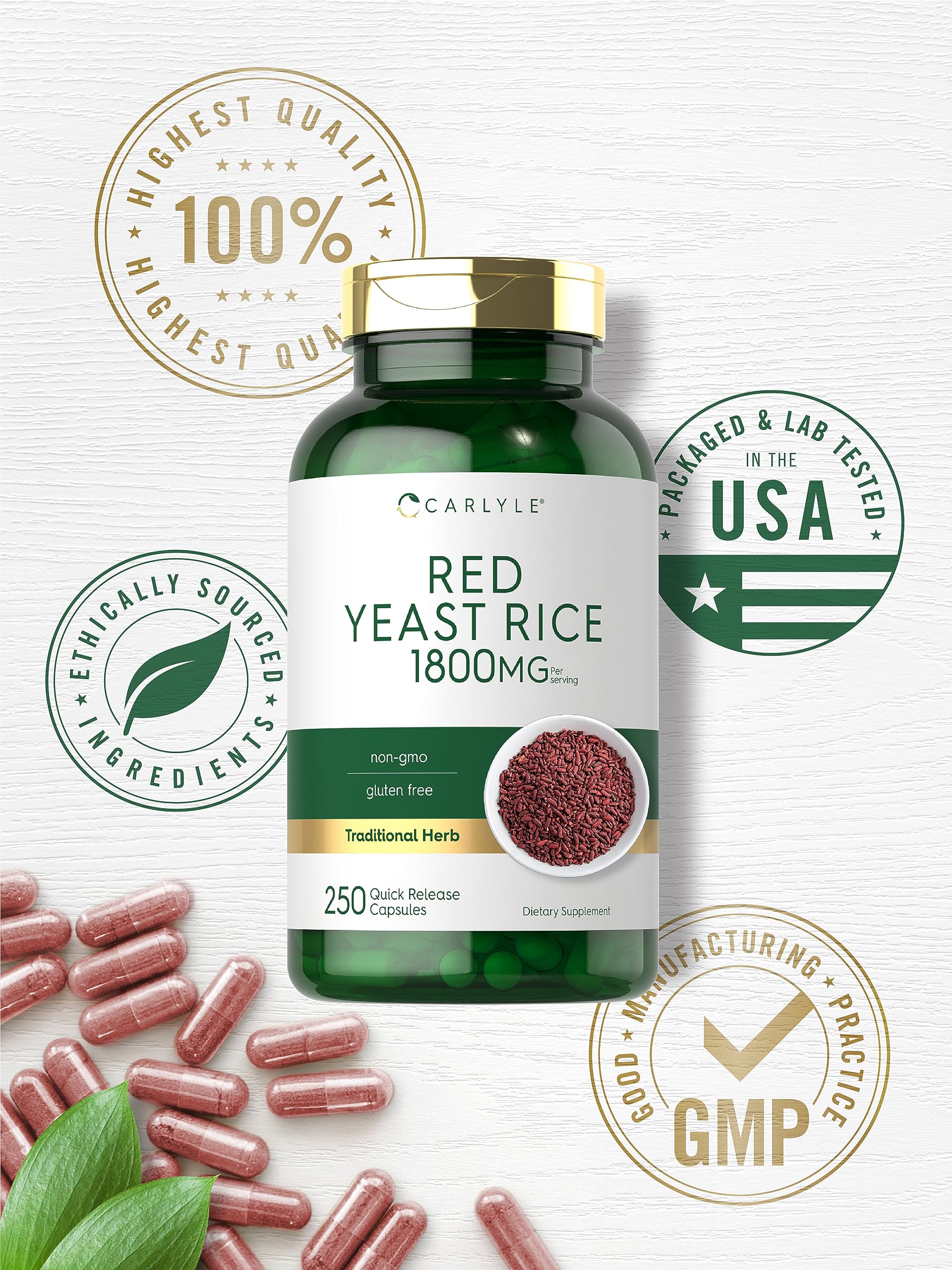 Carlyle Red Yeast Rice Supplement 250 Capsules | Non-GMO, Gluten Free, Cholesterol Support | Heart Health & Wellness Dietary Supplement for Adults