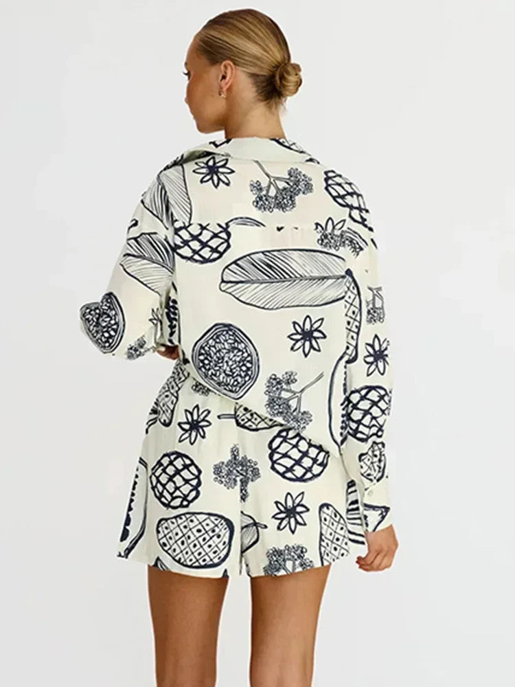 Women's Foridol Fruit Print Pocket Casual Shirt & Shorts Matching Set - Oversized Summer Beach Outfit in White | Perfect for Spring Vacations, Pool Parties & Tropical Getaways