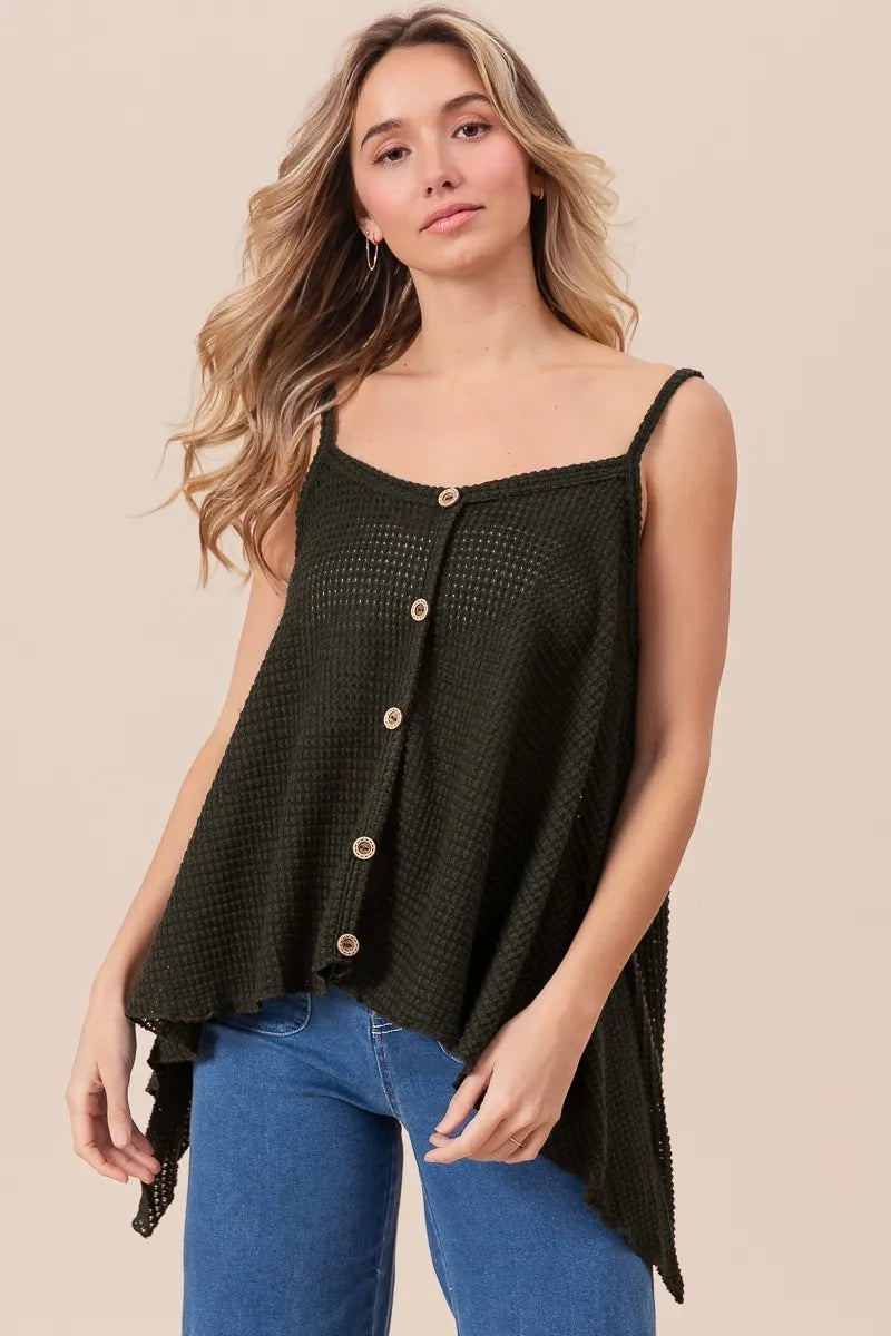 BiBi Popcorn Waffle Knit Button Front Cami Top - Women's Casual Loungewear for Home, Beach & Summer Outfits