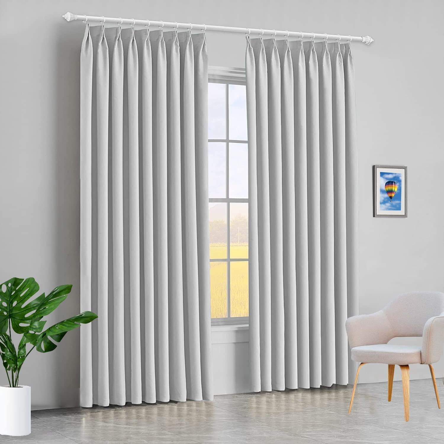 Blackout Double Pinch Pleated Curtains with Hooks - 52x120 Inches, Greyish White - Light Blocking Window Treatments for Living Room & Bedroom - Perfect for Home Theater, Nursery & Shift Workers