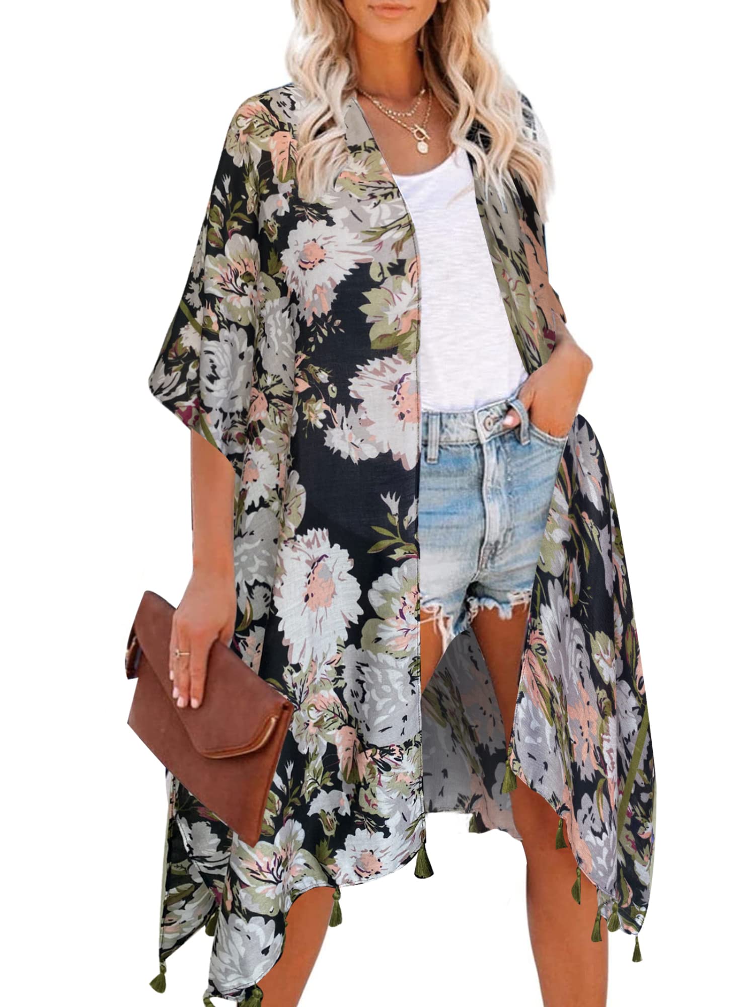 Bohemian Floral Print Women's Beach Cover Up - Lightweight Swimsuit Kimono Cardigan for Summer, Poolside & Vacation | Perfect for Beach Parties, Resort Wear and Tropical Getaways