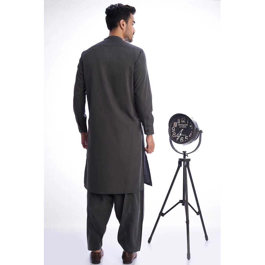 Elegant Dark Grey Textured Shalwar Kameez - Traditional Pakistani Outfit for Men - Perfect for Weddings, Festivals & Special Occasions