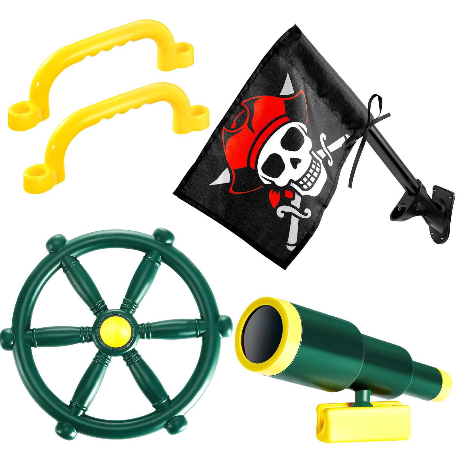 Junkin 5-Piece Pirate Playground Set - Plastic Steering Wheel, Telescope, Safety Handles & Flags for Outdoor Swing Sets, Playhouses, Treehouses & Jungle Gyms (Green) - Perfect for Backyard Adventures & Imaginative Play