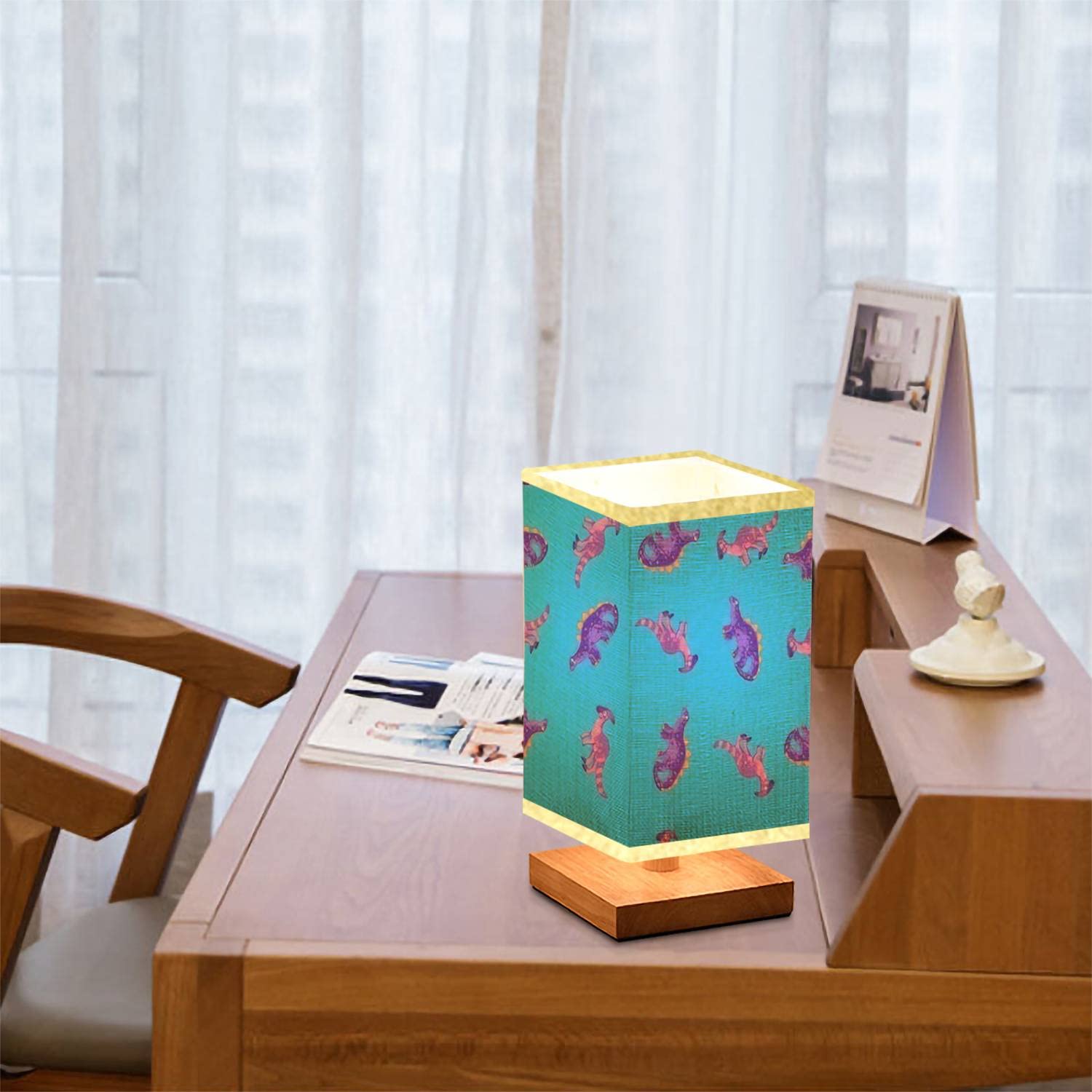 Dimmable Kids Dinosaur Nightstand Lamp - Cute Wooden Base with Flaxen Fabric Shade, Bedside Table Lamp for Nursery, Bedroom & Living Room | Perfect Reading Light and Decorative Accent for Kids' Rooms