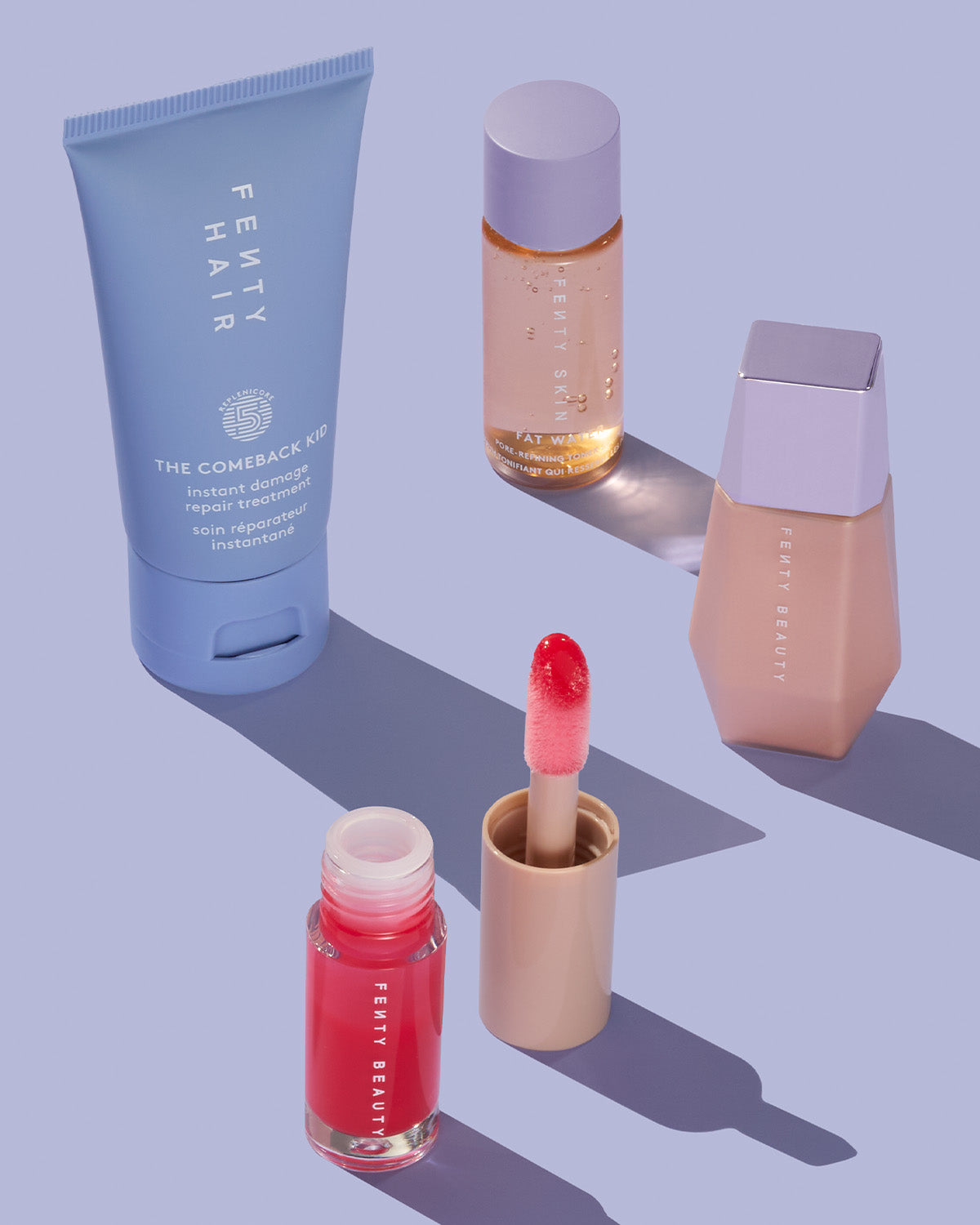 Fenty Beauty 4 Piece Favorites Makeup Set - Gloss Bomb, Foundation, Lip Paint & Highlighter | Perfect for Everyday Glam & Special Occasions