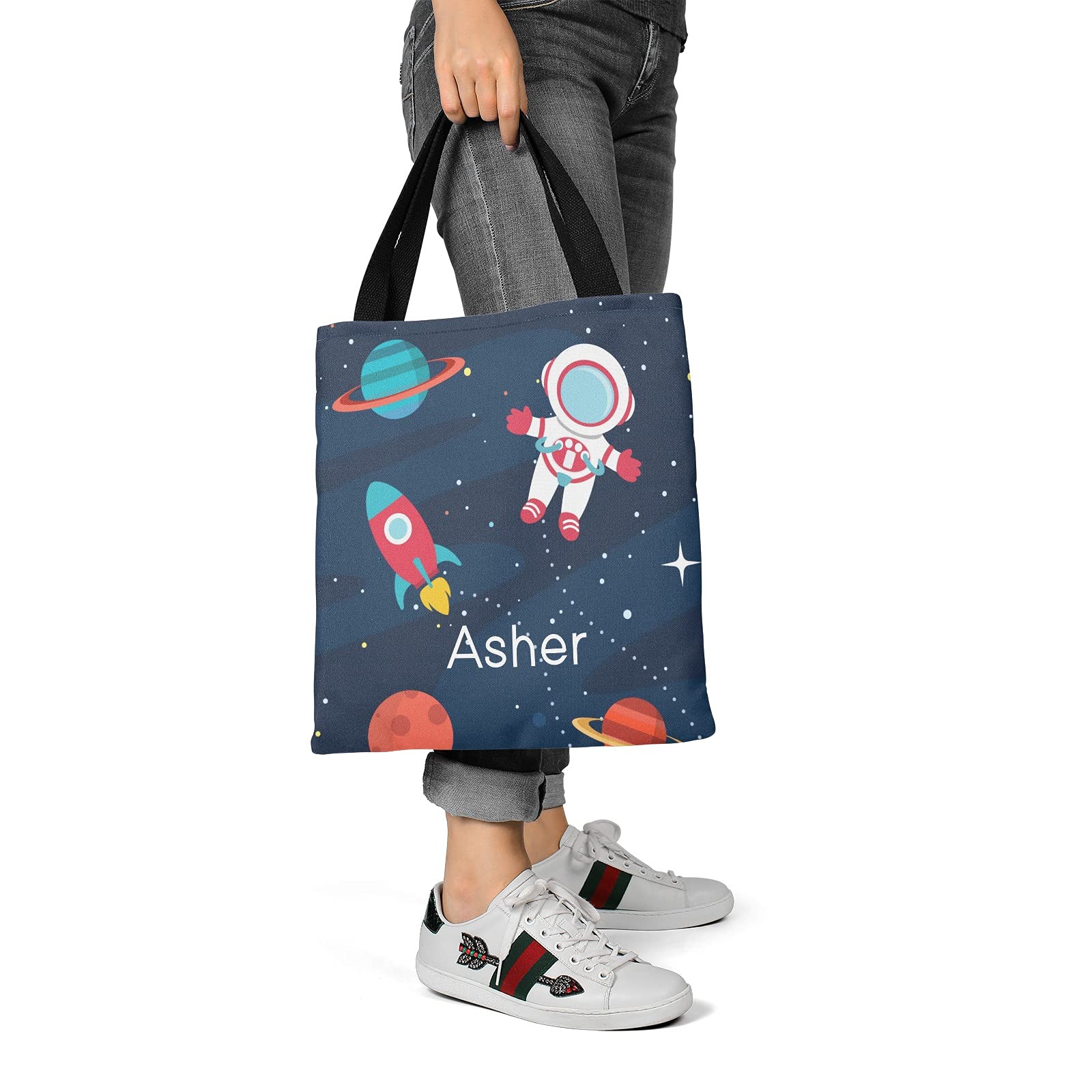 NASA Astronaut Space Rocket Personalized Canvas Tote Bag - Eco-Friendly Reusable Shopping Bag for Women & Men, Travel, School, Work (14.17x14.57 Inch) - Perfect Gift for Space Lovers & Sci-Fi Fans