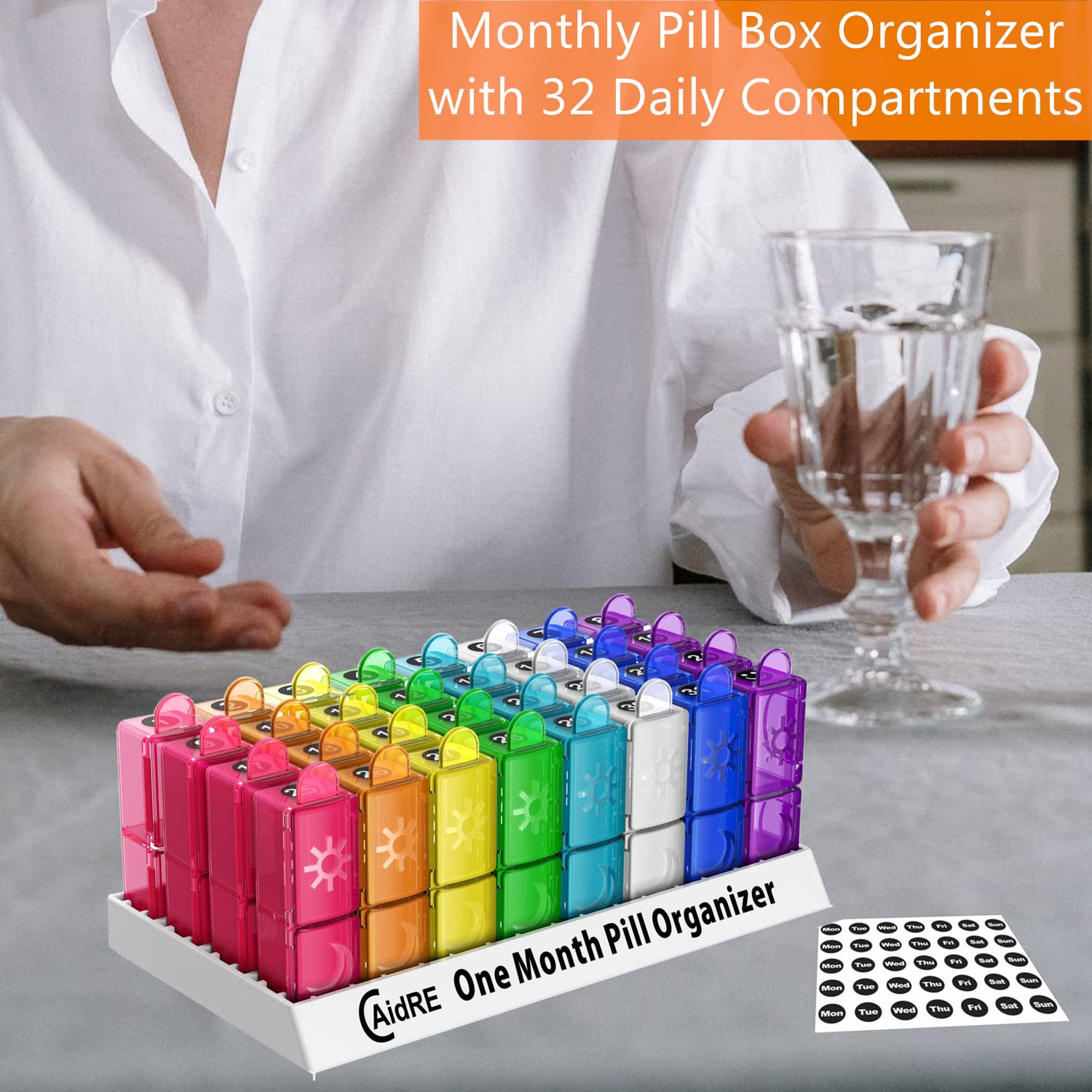 CAidRE 30-Day AM/PM Pill Organizer - 31 Compartments for Daily Vitamins, Fish Oil & Supplements | Perfect for Travel, Medication Management & Weekly Pill Dispenser