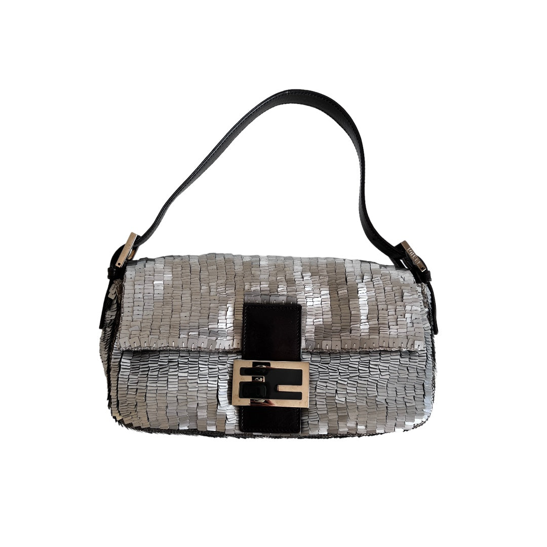 Vintage Fendi Silver Sequin Baguette Bag - Luxury Designer Shoulder Purse for Women, Perfect for Evening Parties, Weddings & Special Occasions