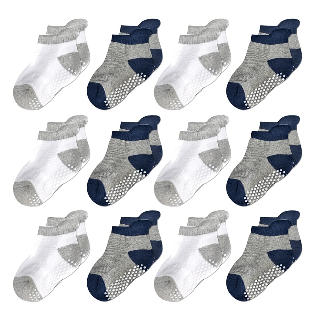 EPEIUS Non-Slip Baby Socks for Boys & Girls - 6/12 Pack Warm Cotton Toddler Socks with Grips - Ankle & Crew Socks for Infants 6-24 Months - Perfect for Playtime, Daycare & Winter Warmth