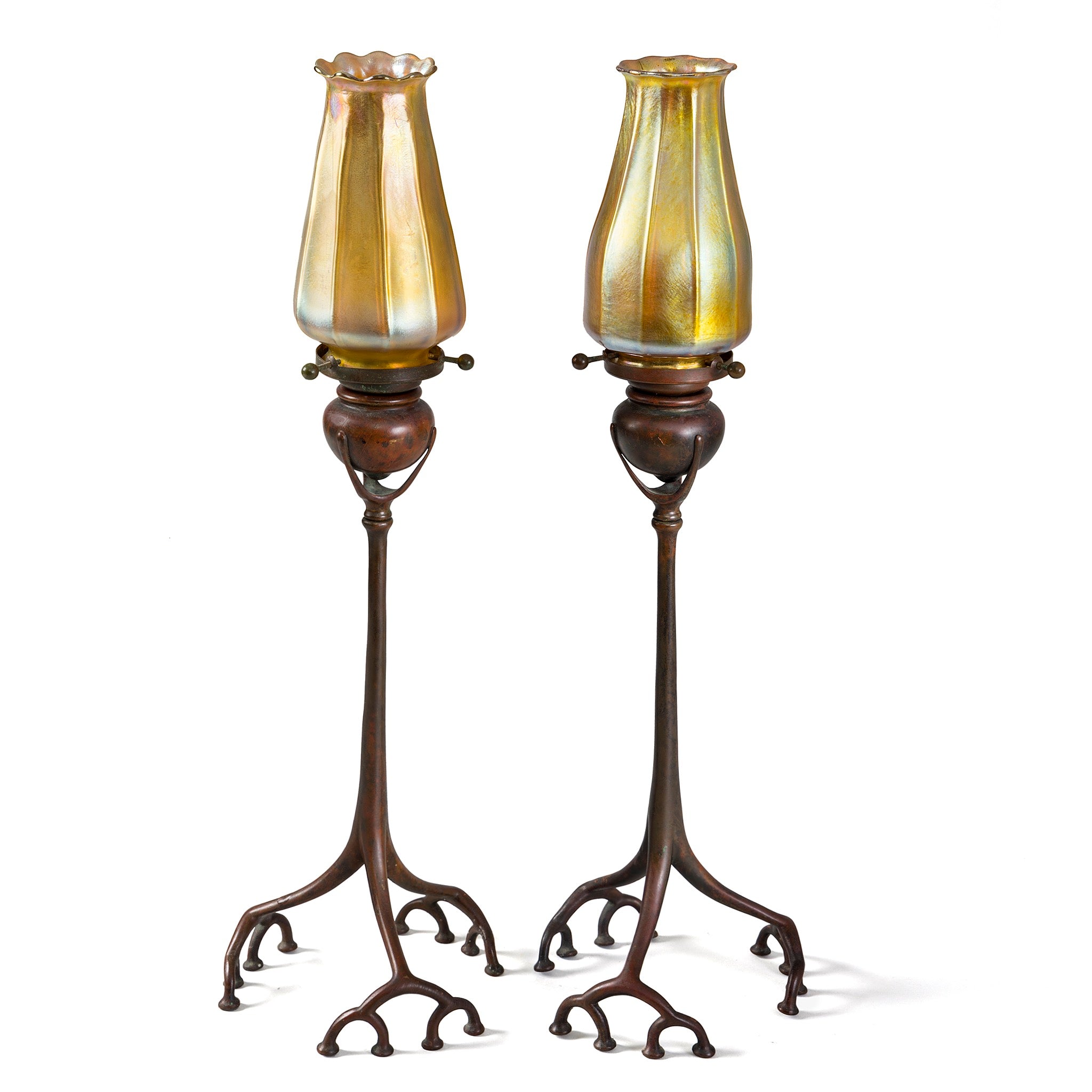 Tiffany Studios New York Pair of Vintage Root Candlesticks with Favrile Glass Shades - Antique Brass Candle Holders for Dining Table, Mantel Decor, Wedding Centerpiece