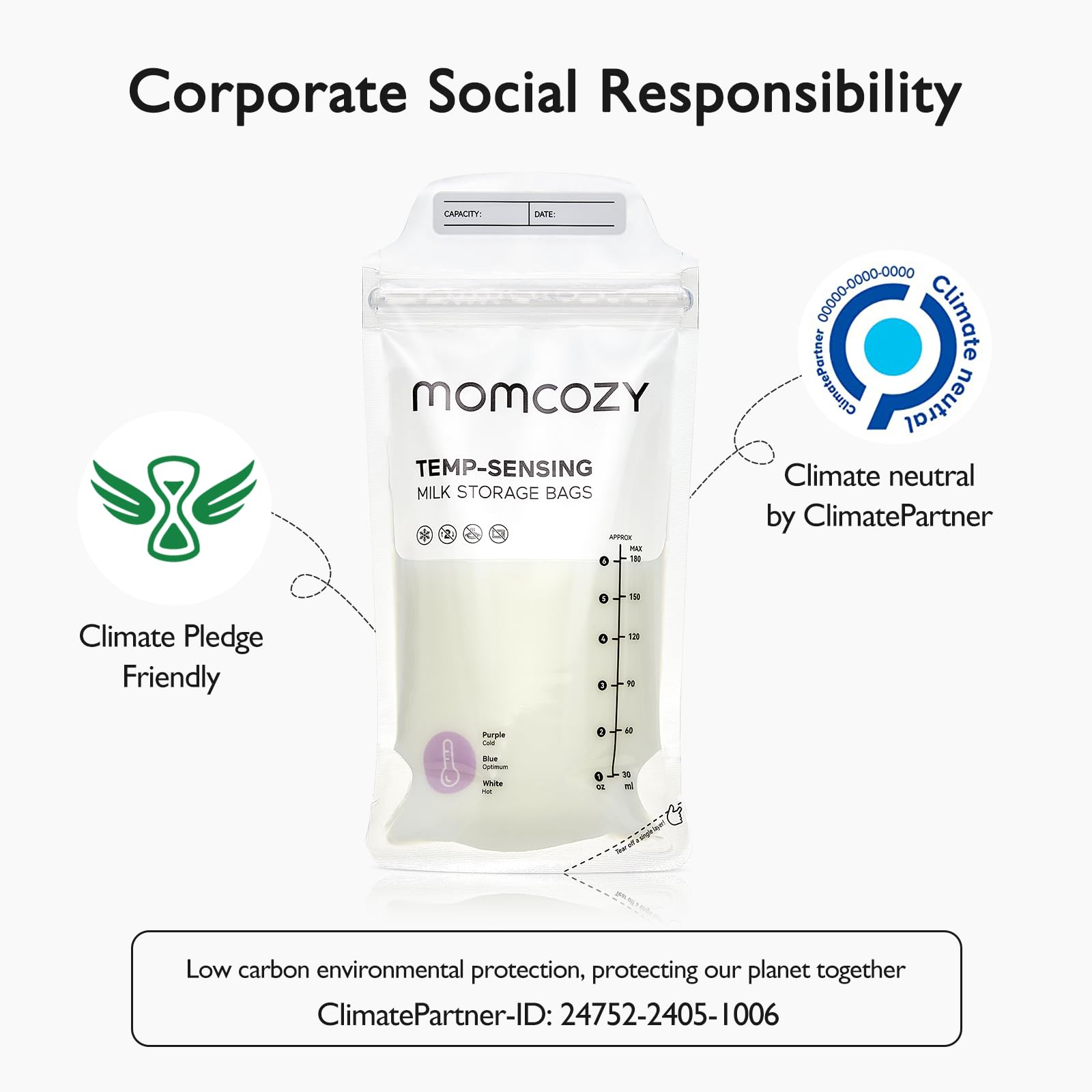 Momcozy Breastmilk Storage Bags - 6oz Disposable Self-Standing Freezer Bags with Temperature-Sensing Technology, Leak-Proof Design for Breastfeeding Moms (120 Count) - Perfect for Pumping, Storing, and Organizing Breast Milk at Home or On-the-Go
