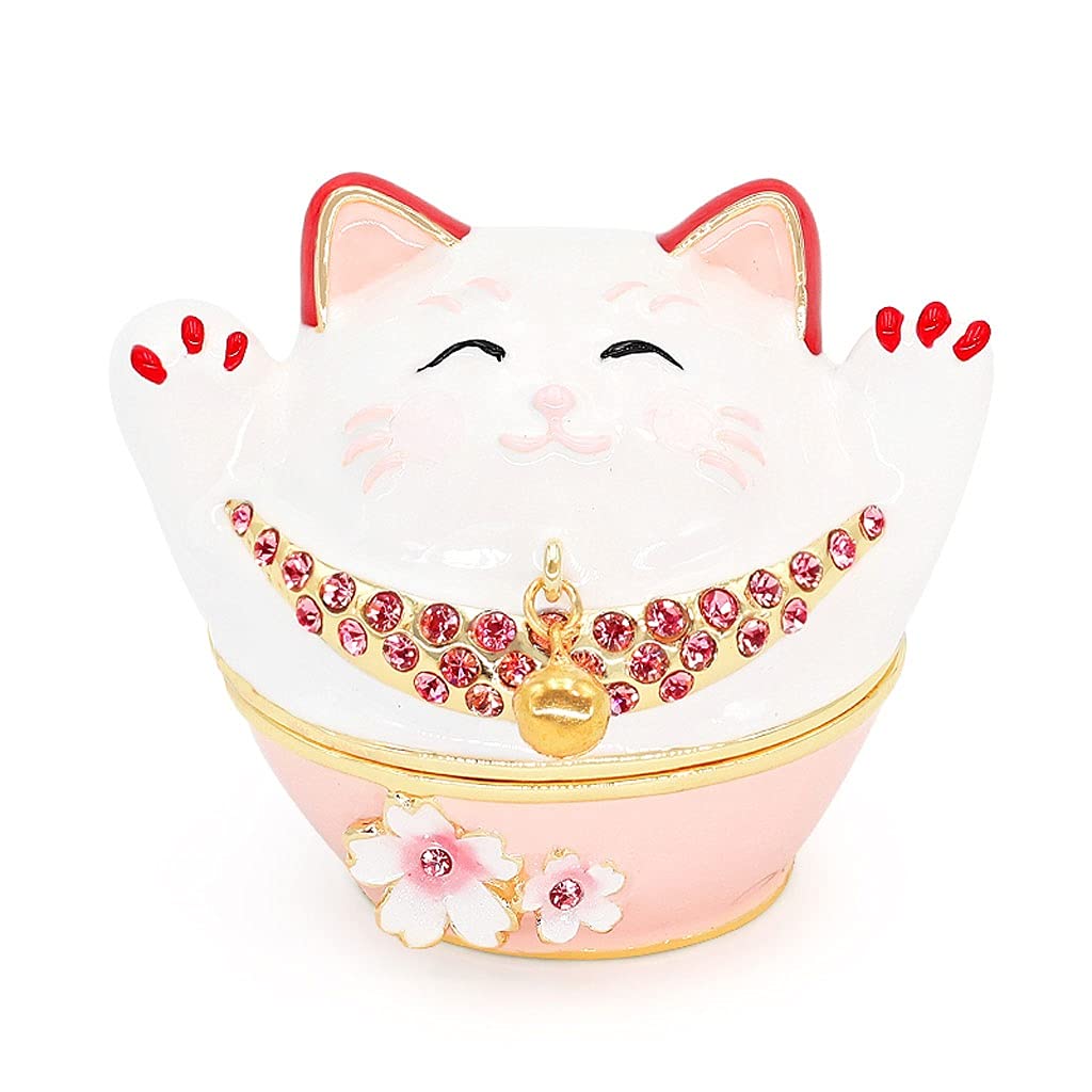 SMFN Lucky Cat Crystal Jewelry Box - Portable Organizer for Earrings, Rings & Necklaces - Cute Collectible Gift for Women & Girls - Perfect for Home, Travel & Birthday Presents