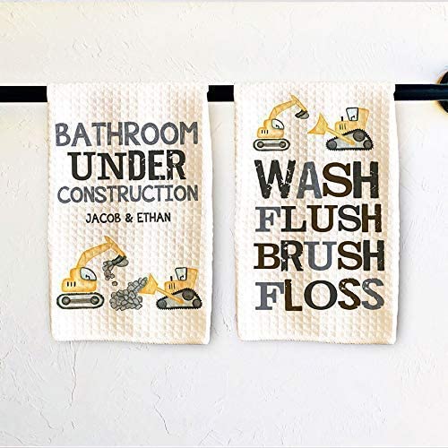 Personalized Waffle Weave Kids Bath Towel Set of 2 | Soft Construction Themed Bathroom Towels for Boys & Girls | Kids Bathroom Decor & Home Essentials | Perfect for Bath Time, Pool, and Beach Use