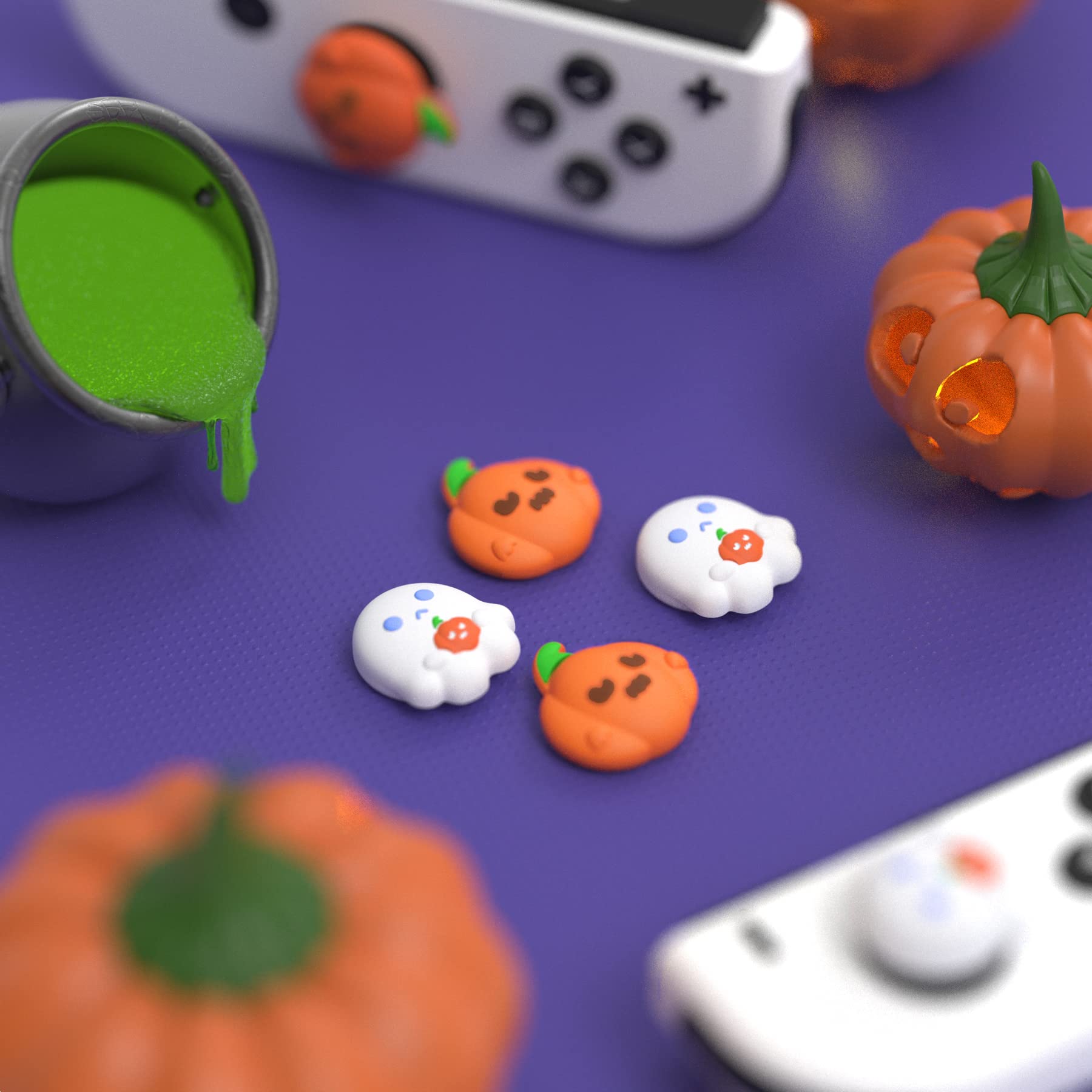 PlayVital Halloween Themed Joystick Caps for Nintendo Switch, Switch Lite & Switch OLED - Spooky Ghost with Pumpkin Design - Analog Thumb Grip Covers for Enhanced Gaming Comfort - Perfect for Halloween Gaming Parties & Spooky Game Nights