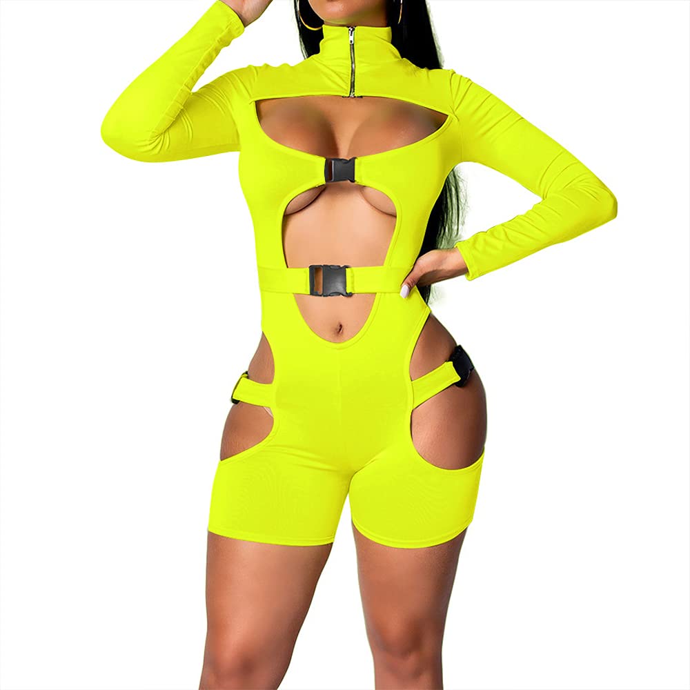 Sexy Hollow Out Romper for Women - Long Sleeve Bodycon Jumpsuit with Buckle Details & Cut Out Design | Y2K Clubwear, Biker Shorts Overall | Perfect for Night Out, Party, and Streetwear Fashion