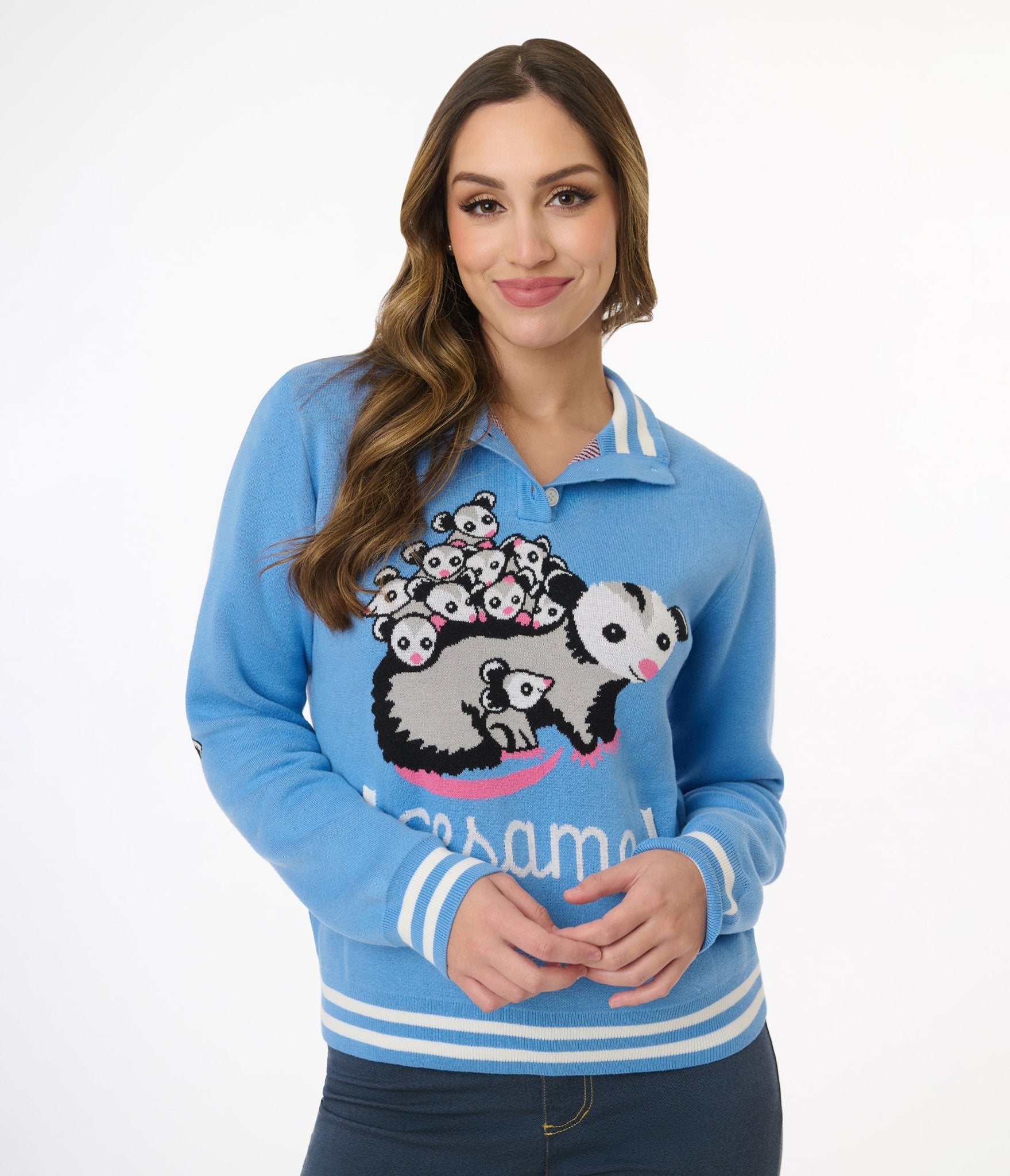 Sesame the Opossum Blue Varsity Sweater - Cute Cartoon Animal Hoodie for Women & Teens - Perfect for Casual Wear, College Outfits and Gifts