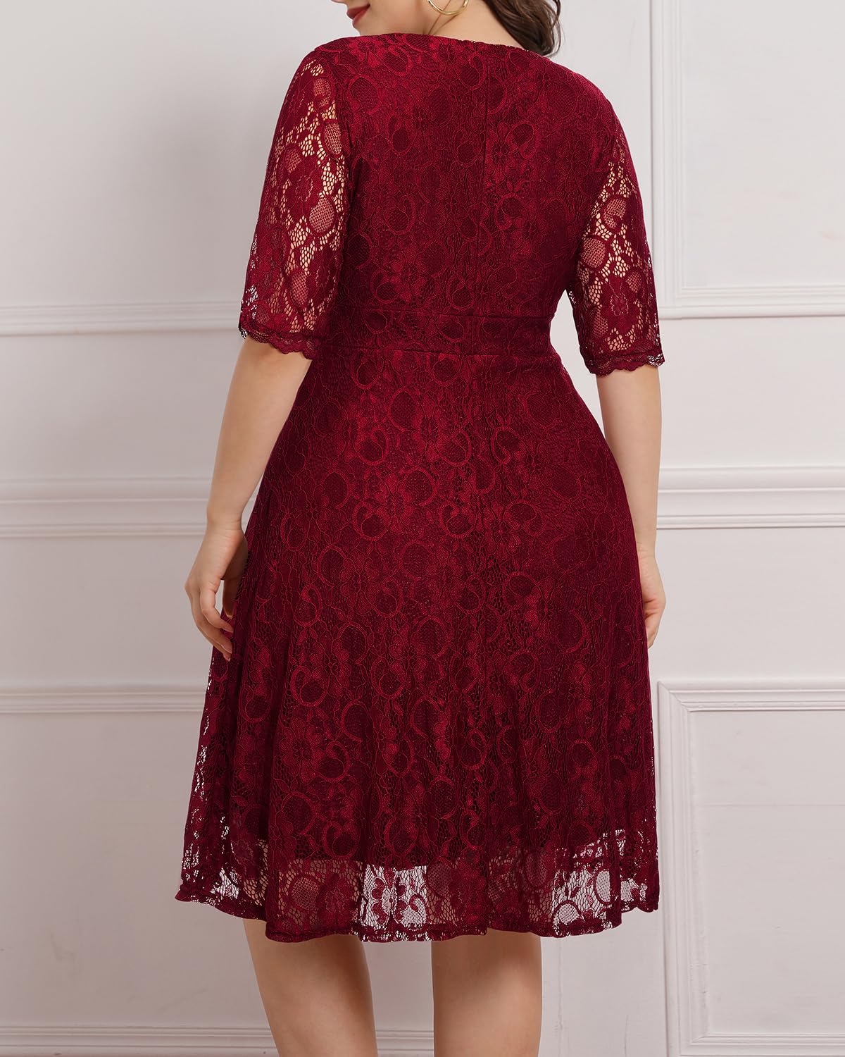 Plus Size Women's Lace Wrap V-Neck Knee Length Dress for Wedding Guest, Cocktail Party & Semi-Formal Occasions | Elegant & Comfortable for Bridal Shower, Evening Events & Special Occasions