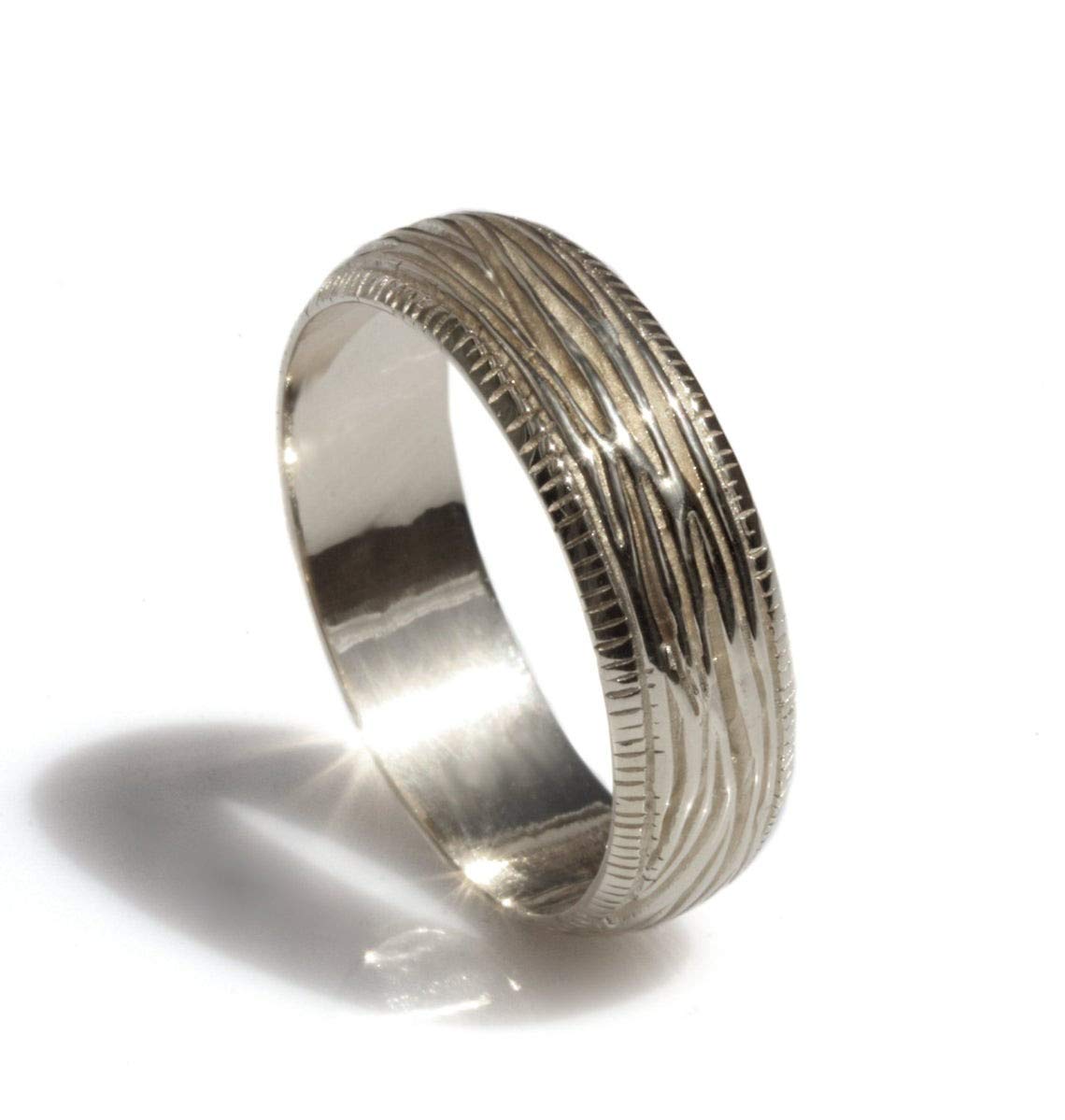 Woodgrain Wedding Band for Men - Sterling Silver Textured Tree Bark Design Ring - Comfort Fit Solid Silver Milgrain Band - Perfect for Outdoor Weddings, Nature-Inspired Ceremonies & Anniversary Gifts