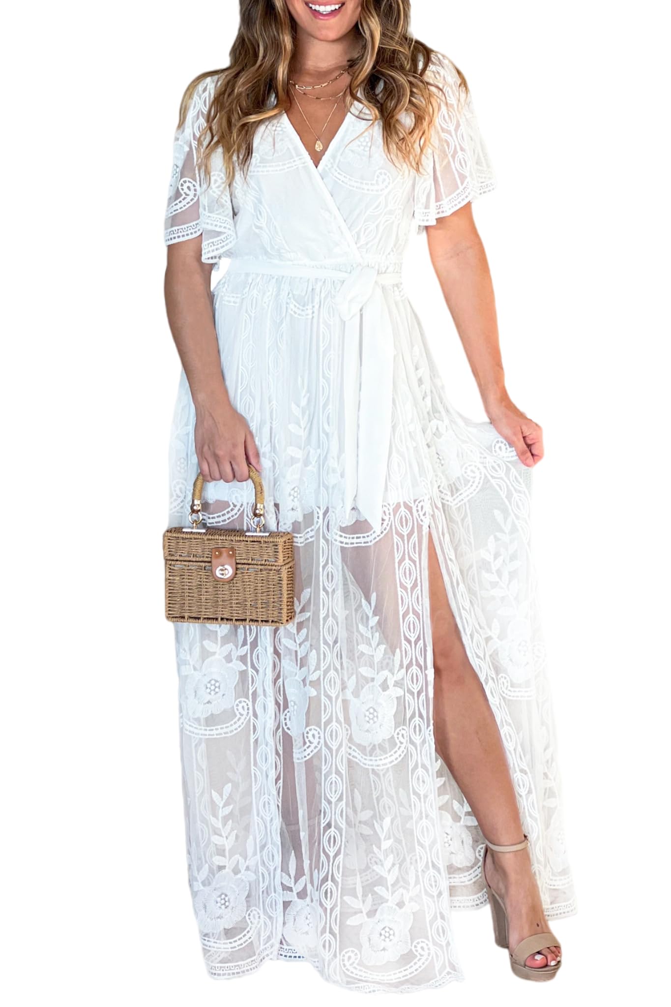 Boho Embroidered Lace Maxi Dress for Women - Wrap V-Neck Wedding Guest & Formal Party Gown | Perfect for Beach Weddings, Evening Galas & Special Occasions