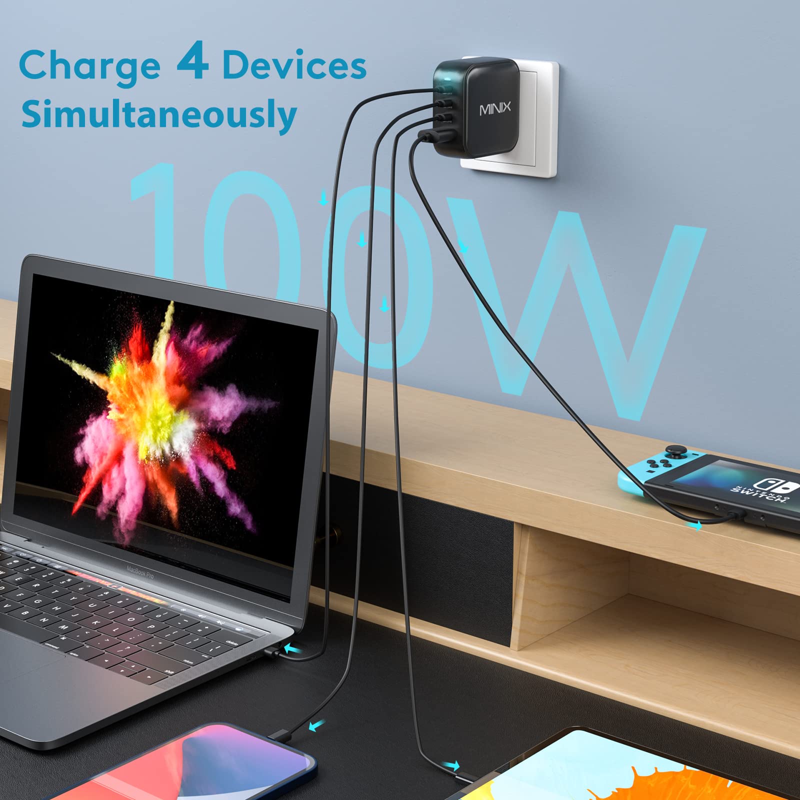 MINIX NEO P3 100W Turbo 4-Ports GaN Wall Charger - Fast Charging Adapter with 3 USB-C Ports (100W/20W) & 1 USB-A Port (18W) - Compatible with MacBook Pro/Air, iPad Pro, iPhone 13/12, Galaxy S9 & More - Perfect for Travel, Office & Home Charging