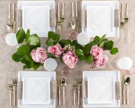 20-Pack White & Gold Geometric Square Plastic Dinnerware Set - 10 Guest Service - Modern Square Edge Plates, Bowls & Cups - Perfect for Parties, Weddings & Outdoor Dining
