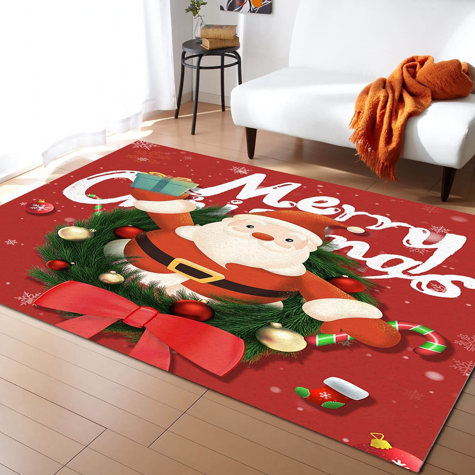 Modern Christmas Santa Claus Holding Gift Non-Slip Area Rug - Soft Washable Indoor Floor Carpet for Living Room, Bedroom & Dining Room - 4'x6' Holiday Decor Cozy Home Accent