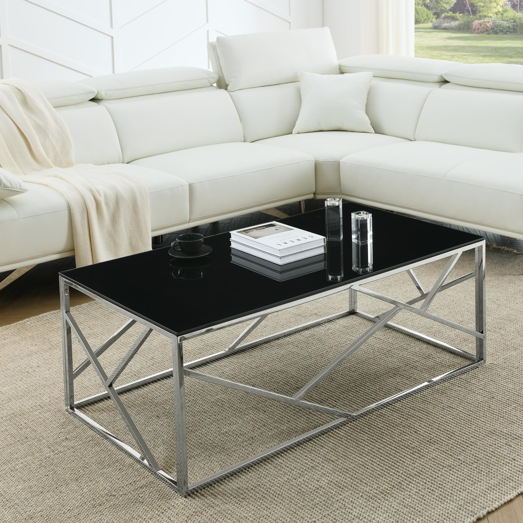 Modern Rectangular Glass Coffee Table with Black Tempered Glass Top & Stainless Steel Frame - Accent Table for Living Room, Bedroom, Office - Polished Chrome Finish - Perfect for Small Spaces, Home Decor & Entertaining Guests
