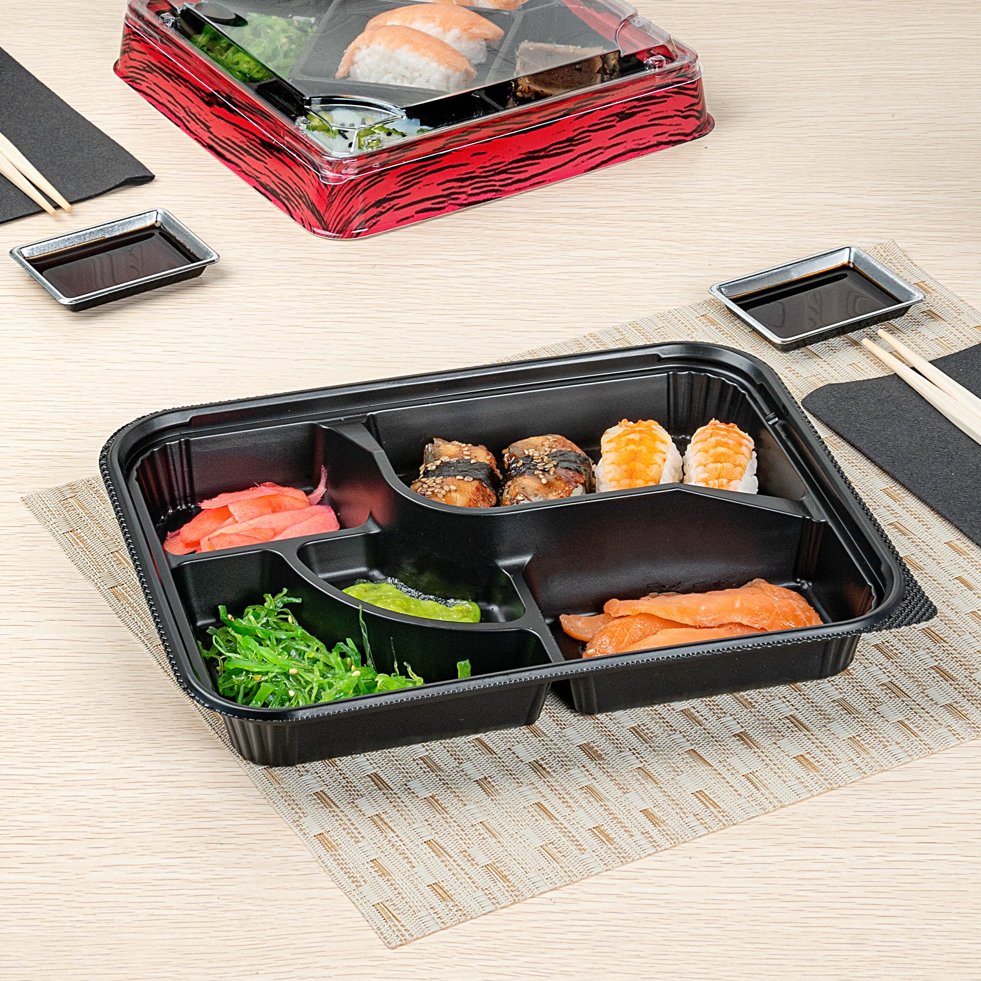 Bento Tek 26 oz Rectangle Black Plastic Bento Box with 5 Compartments - 10.5