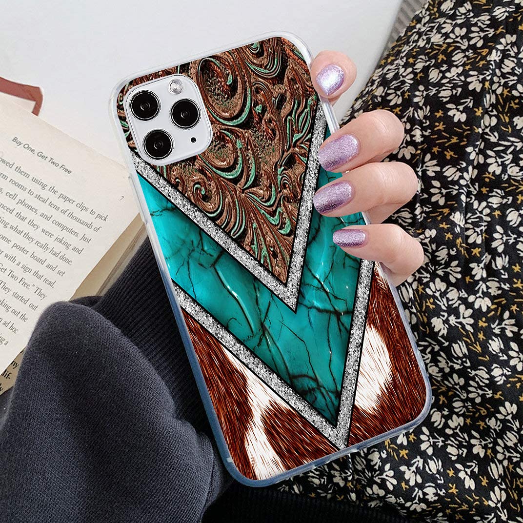 iPhone 12/12 Pro Clear Case - Slim Soft TPU Western Cowhide Turquoise & Brown Animal Print Shockproof Protective Cover | Perfect for Everyday Use, Travel & Outdoor Activities