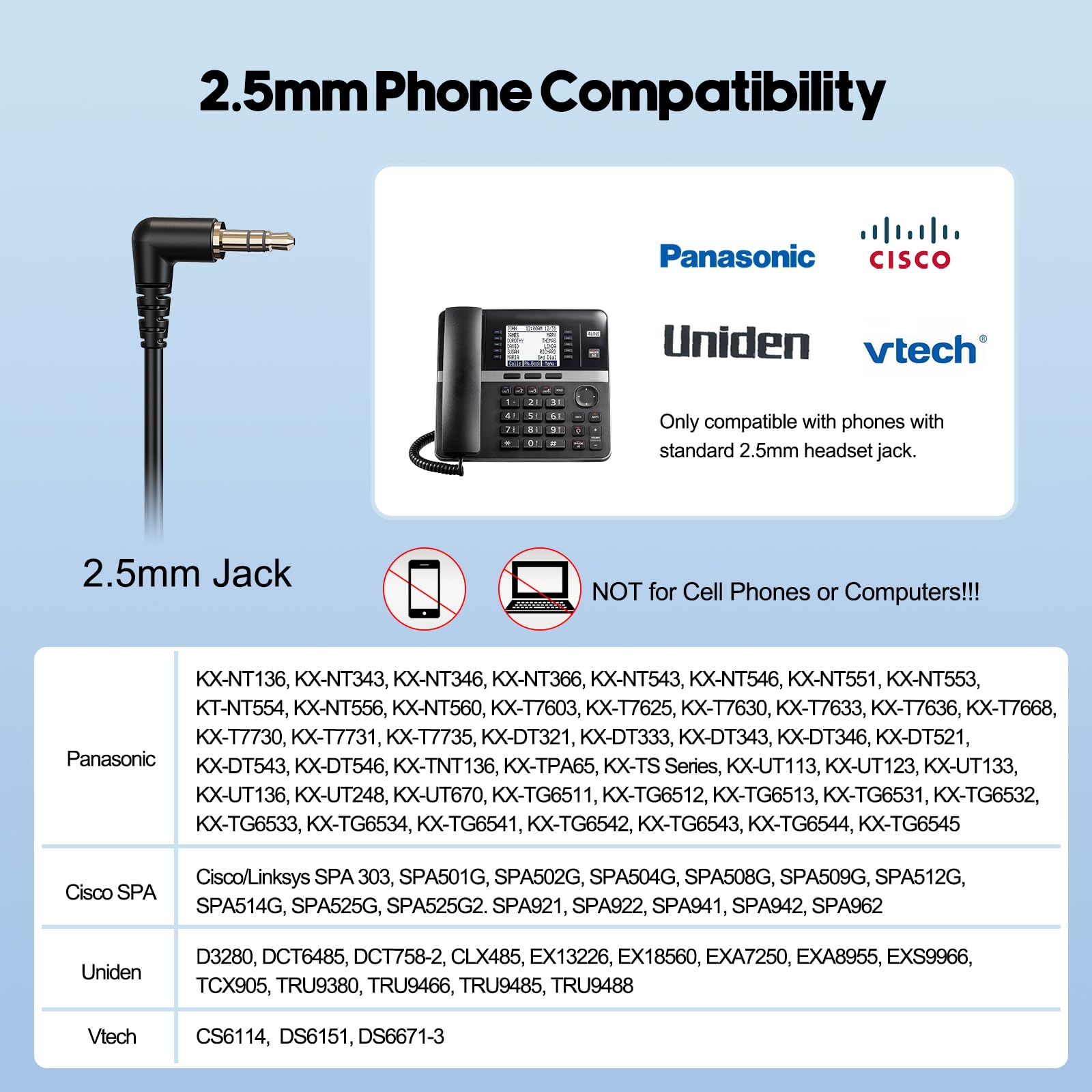 MKJ 2.5mm Wired Headset with Noise Cancelling Microphone - Office & Call Center Headphones Compatible with Panasonic KX-TPA60, KX-TGA470, Cisco SPA 303G/525G, Vtech, Uniden Phones - Perfect for Remote Work & Customer Service Calls