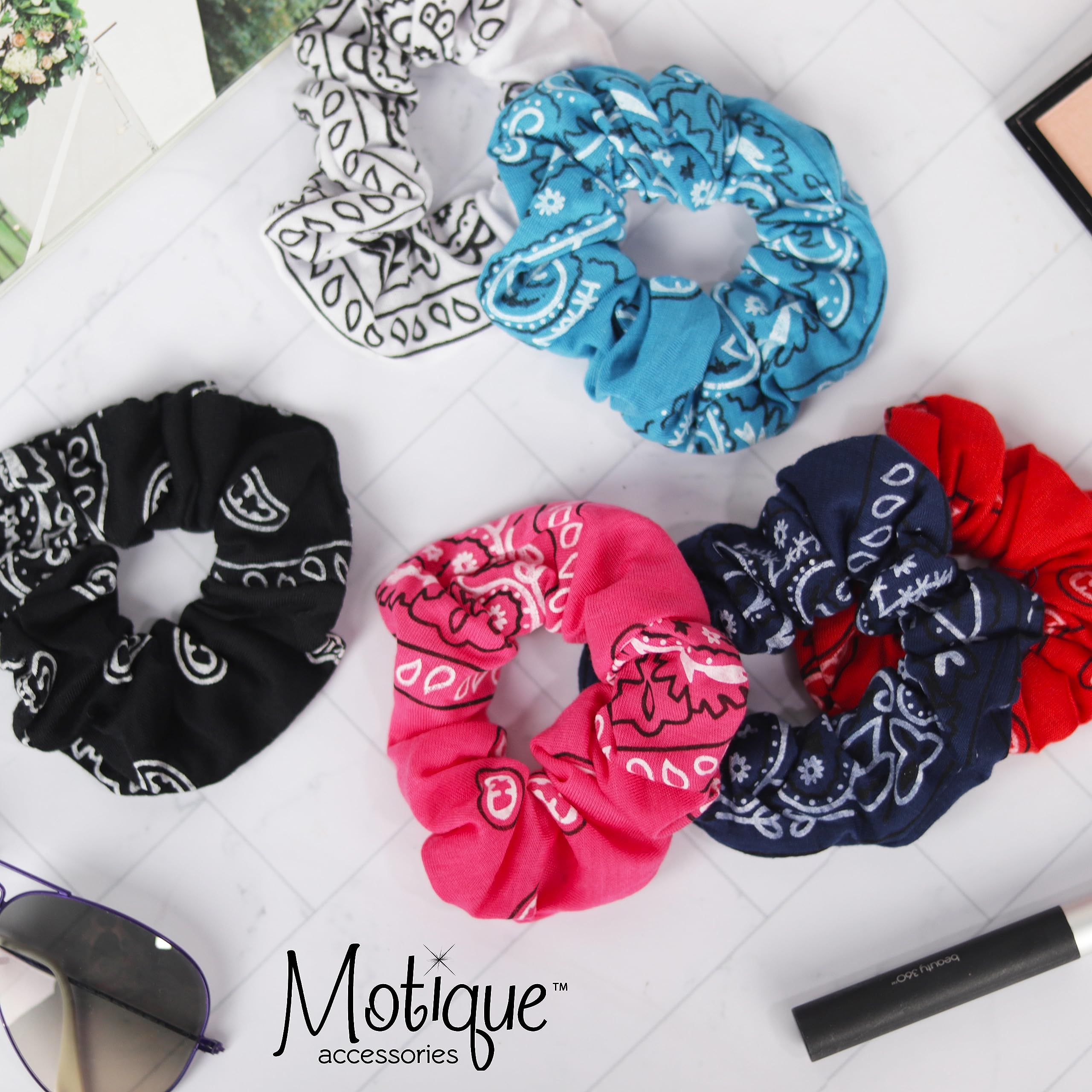 Bandana Scrunchies Set of 6 - Navy - Stylish Hair Accessories for Everyday Wear, Workouts, and Casual Outings